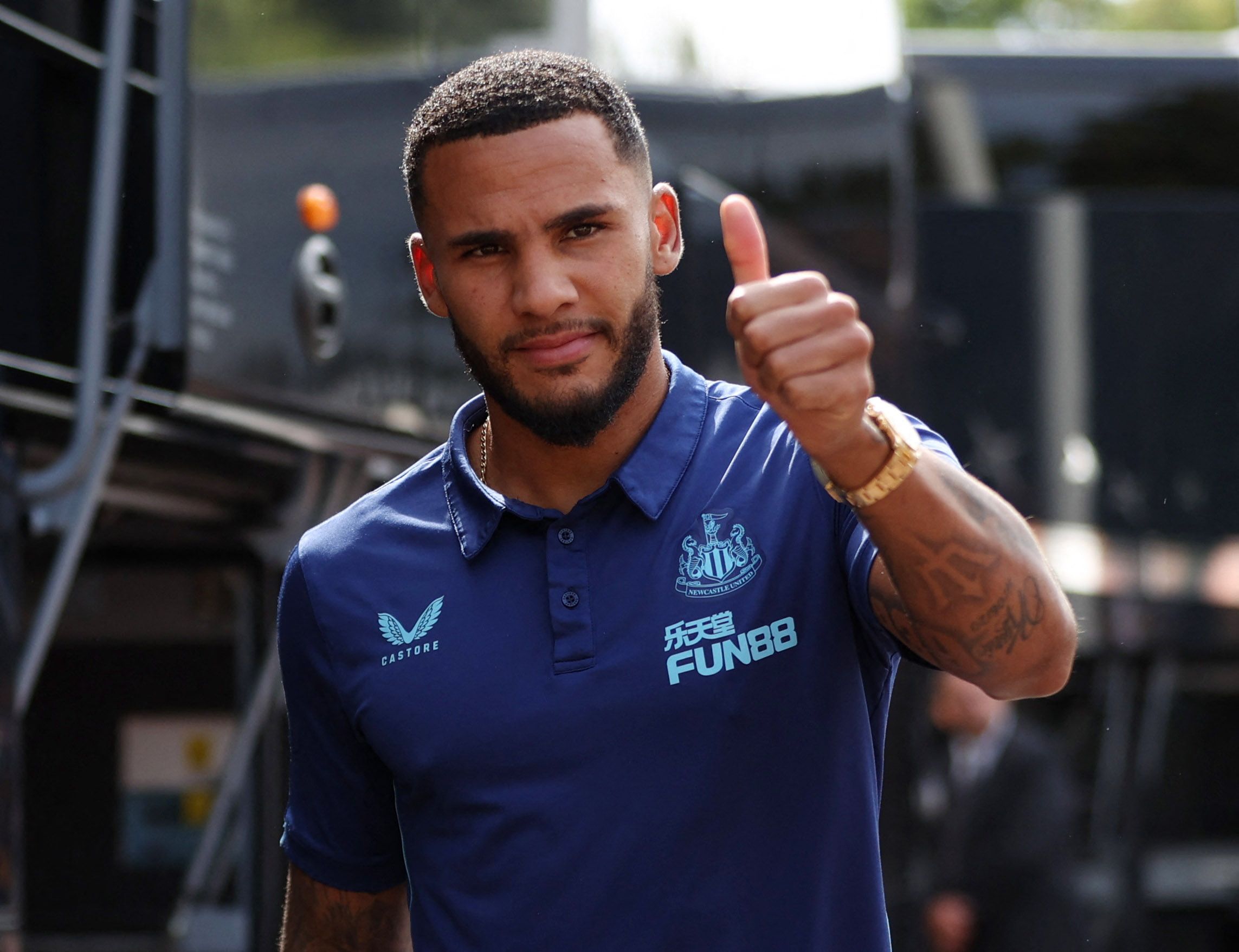 Soccer Football - Premier League - Wolverhampton Wanderers v Newcastle United - Molineux Stadium, Wolverhampton, Britain - August 28, 2022 Newcastle United's Jamaal Lascelles arrives for the match Action Images via Reuters/Molly Darlington EDITORIAL USE ONLY. No use with unauthorized audio, video, data, fixture lists, club/league logos or 'live' services. Online in-match use limited to 75 images, no video emulation. No use in betting, games or single club /league/player publications.  Please con