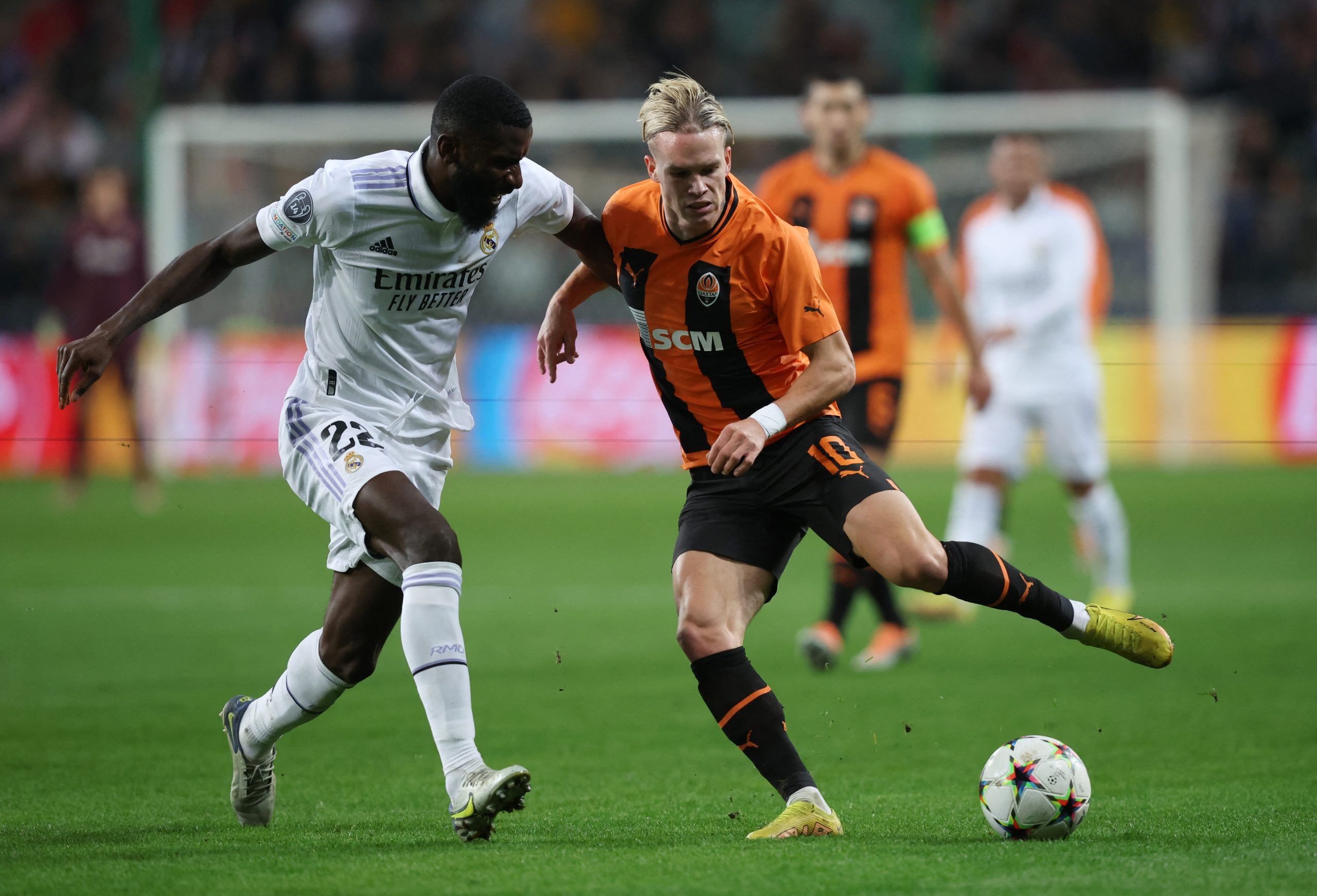 Real Madrid's Antonio Rudiger in action with Shakhtar Donetsk's Mykhailo Mudryk