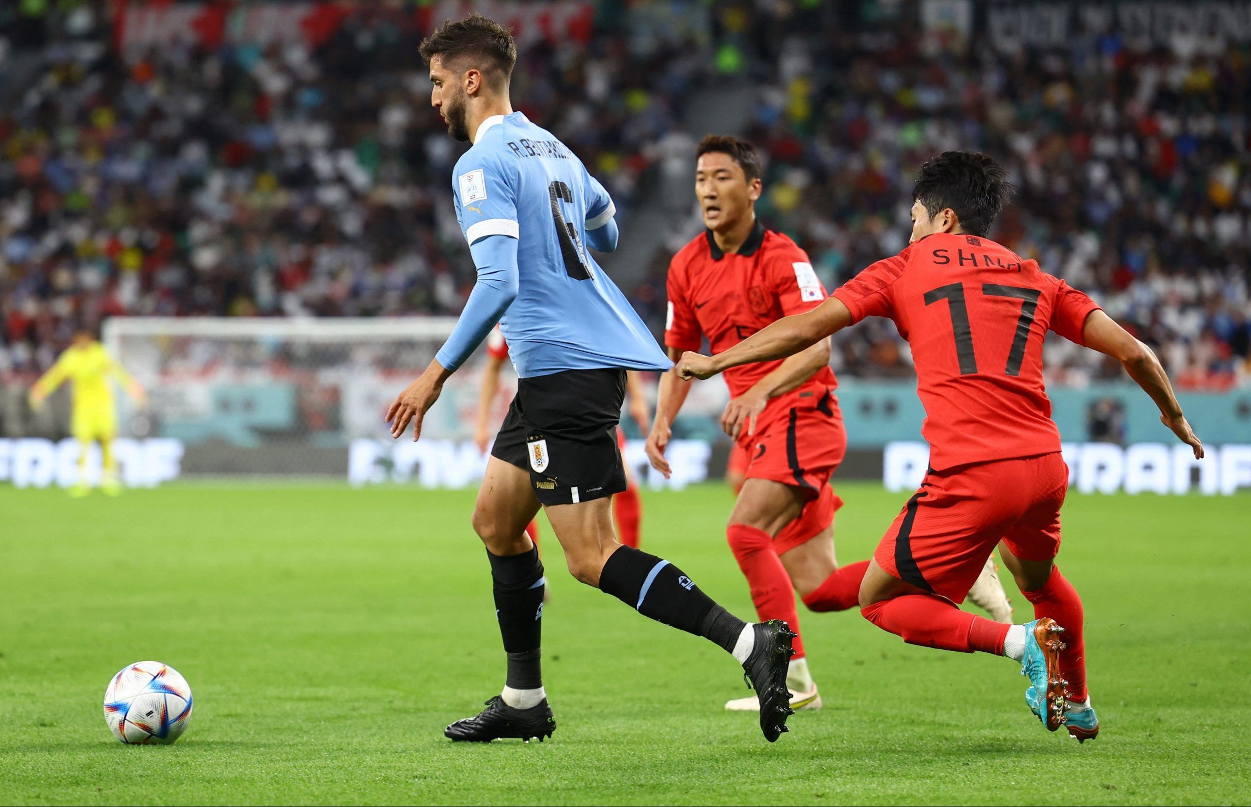 South Korea's Na Sang-ho in action with Uruguay's Rodrigo Bentancur at Qatar World Cup