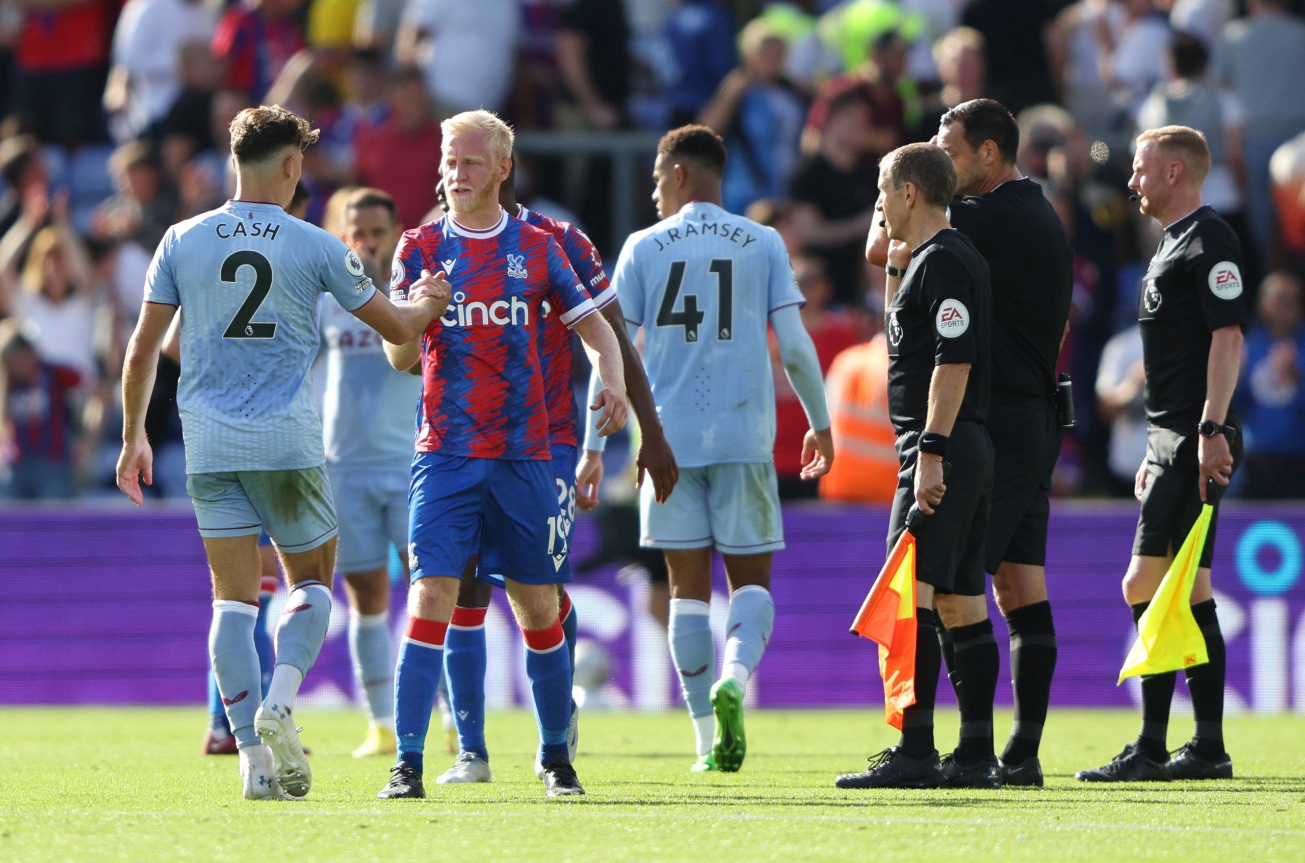 Soccer Football - Premier League - Crystal Palace v Aston Villa - Selhurst Park, London, Britain - August 20, 2022 Crystal Palace's Will Hughes shakes hands with Crystal Palace's Joel Ward after the match REUTERS/Ian Walton EDITORIAL USE ONLY. No use with unauthorized audio, video, data, fixture lists, club/league logos or 'live' services. Online in-match use limited to 75 images, no video emulation. No use in betting, games or single club /league/player publications.  Please contact your accoun