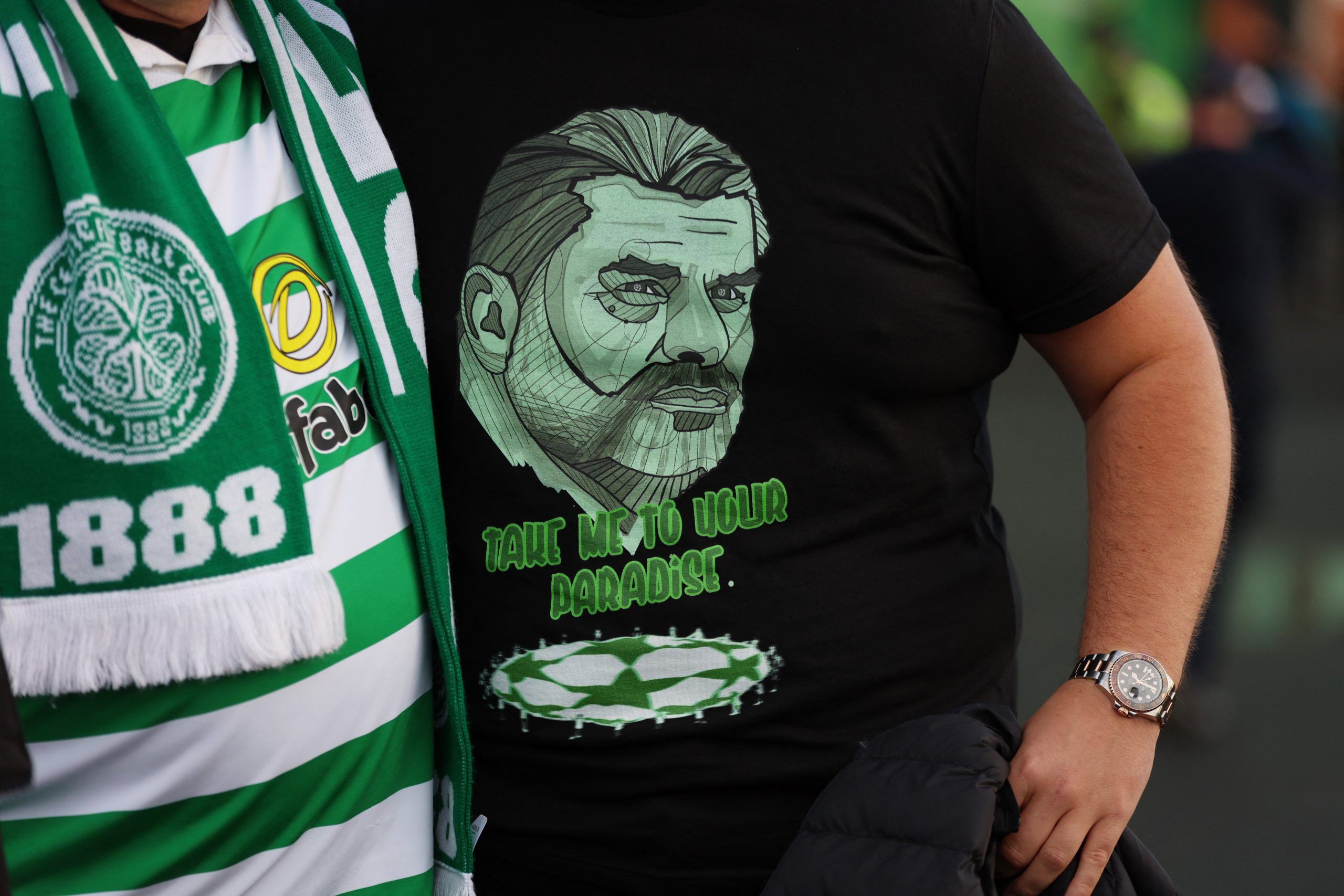 Soccer Football - Champions League - Group H - Celtic v Real Madrid - Celtic Park, Glasgow, Scotland, Britain - September 6, 2022 General view of a Celtic fans t-shirt displaying an image of manager Ange Postecoglou before the match Action Images via Reuters/Lee Smith