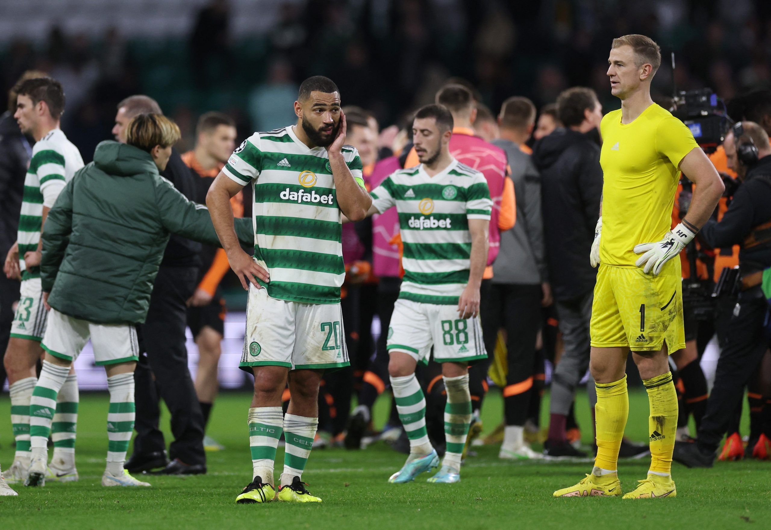 Soccer Football - Champions League - Group F - Celtic v Shakhtar Donetsk - Celtic Park, Glasgow, Scotland, Britain - October 25, 2022 Celtic's Cameron Carter-Vickers and Joe Hart react after the match Action Images via Reuters/Lee Smith