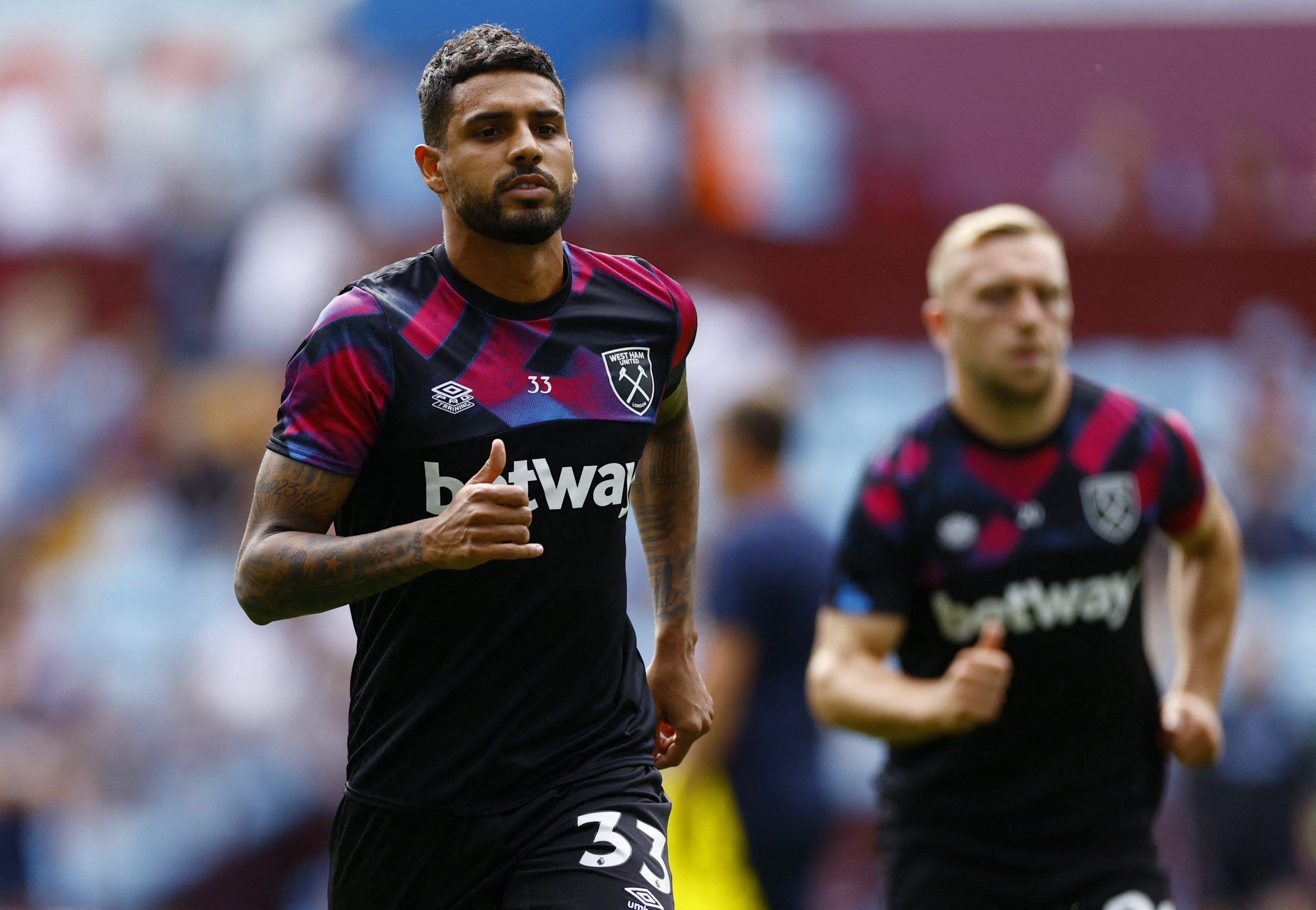Soccer Football - Premier League - Aston Villa v West Ham United - Villa Park, Birmingham, Britain - August 28, 2022 West Ham United's Emerson during the warm up before the match Action Images via Reuters/Andrew Boyers EDITORIAL USE ONLY. No use with unauthorized audio, video, data, fixture lists, club/league logos or 'live' services. Online in-match use limited to 75 images, no video emulation. No use in betting, games or single club /league/player publications.  Please contact your account rep