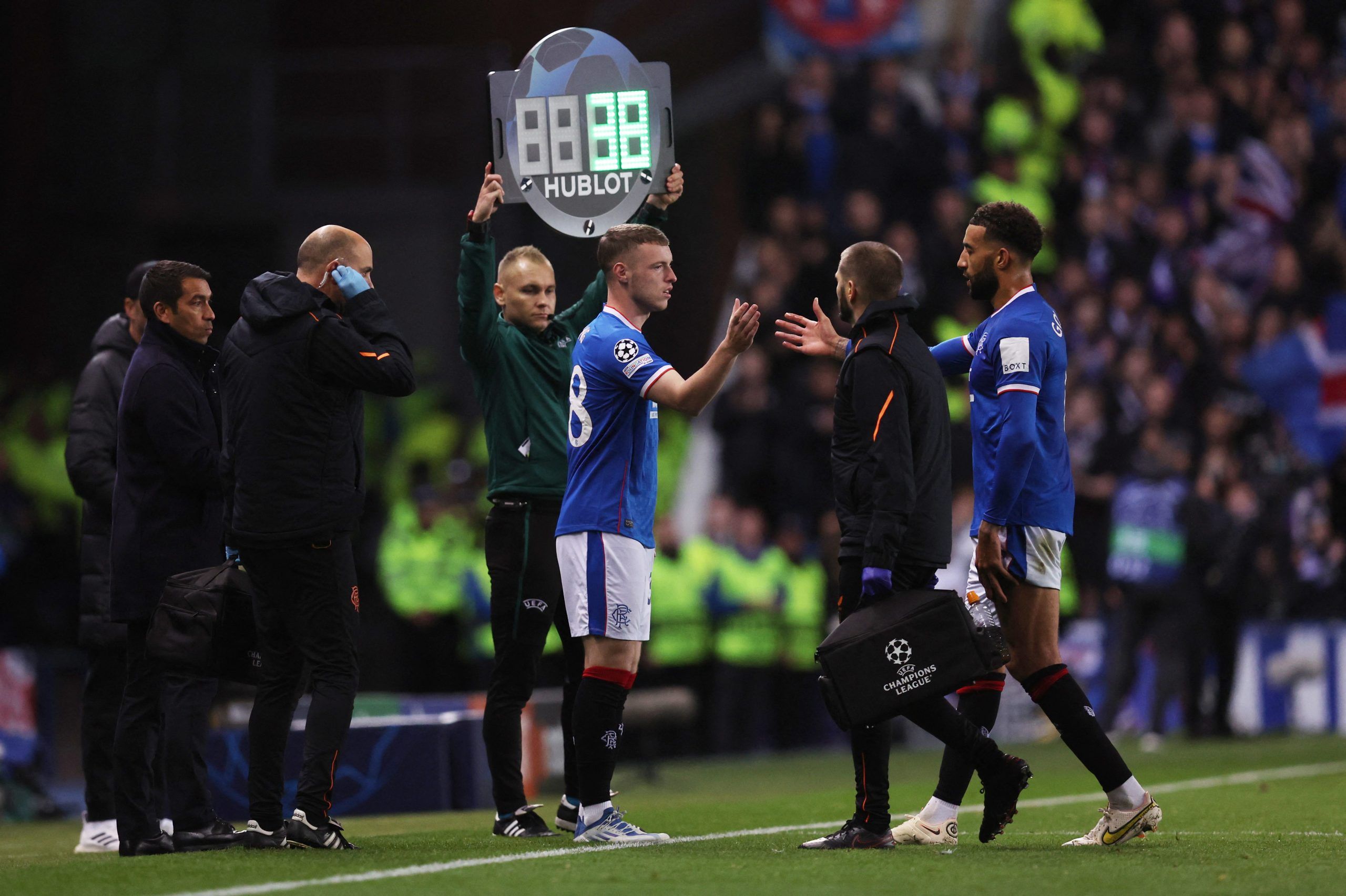 Soccer Football - Champions League - Group A - Rangers v Liverpool - Ibrox Stadium, Glasgow, Scotland, Britain - October 12, 2022 Rangers' Connor Goldson is substituted after sustaining an injury for Leon Thomson King REUTERS/Russell Cheyne