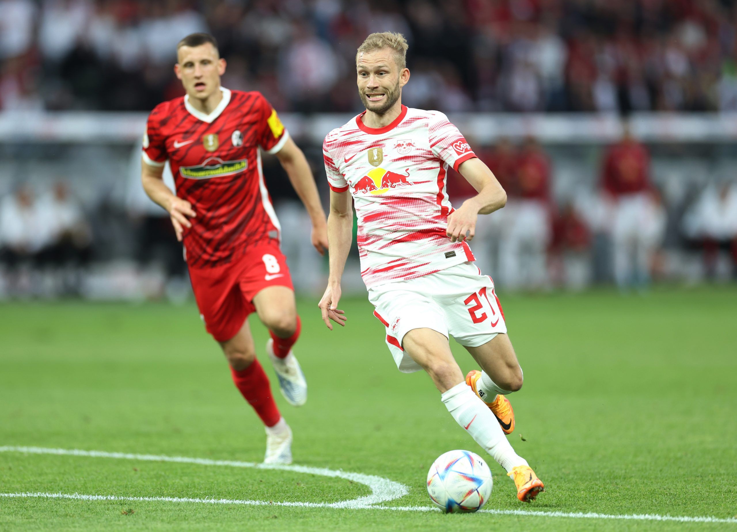 Soccer Football - DFB Cup - Final - SC Freiburg v RB Leipzig - Olympiastadion, Berlin, Germany - May 21, 2022  RB Leipzig's Konrad Laimer in action REUTERS/Leon Kuegeler DFB REGULATIONS PROHIBIT ANY USE OF PHOTOGRAPHS AS IMAGE SEQUENCES AND/OR QUASI-VIDEO.