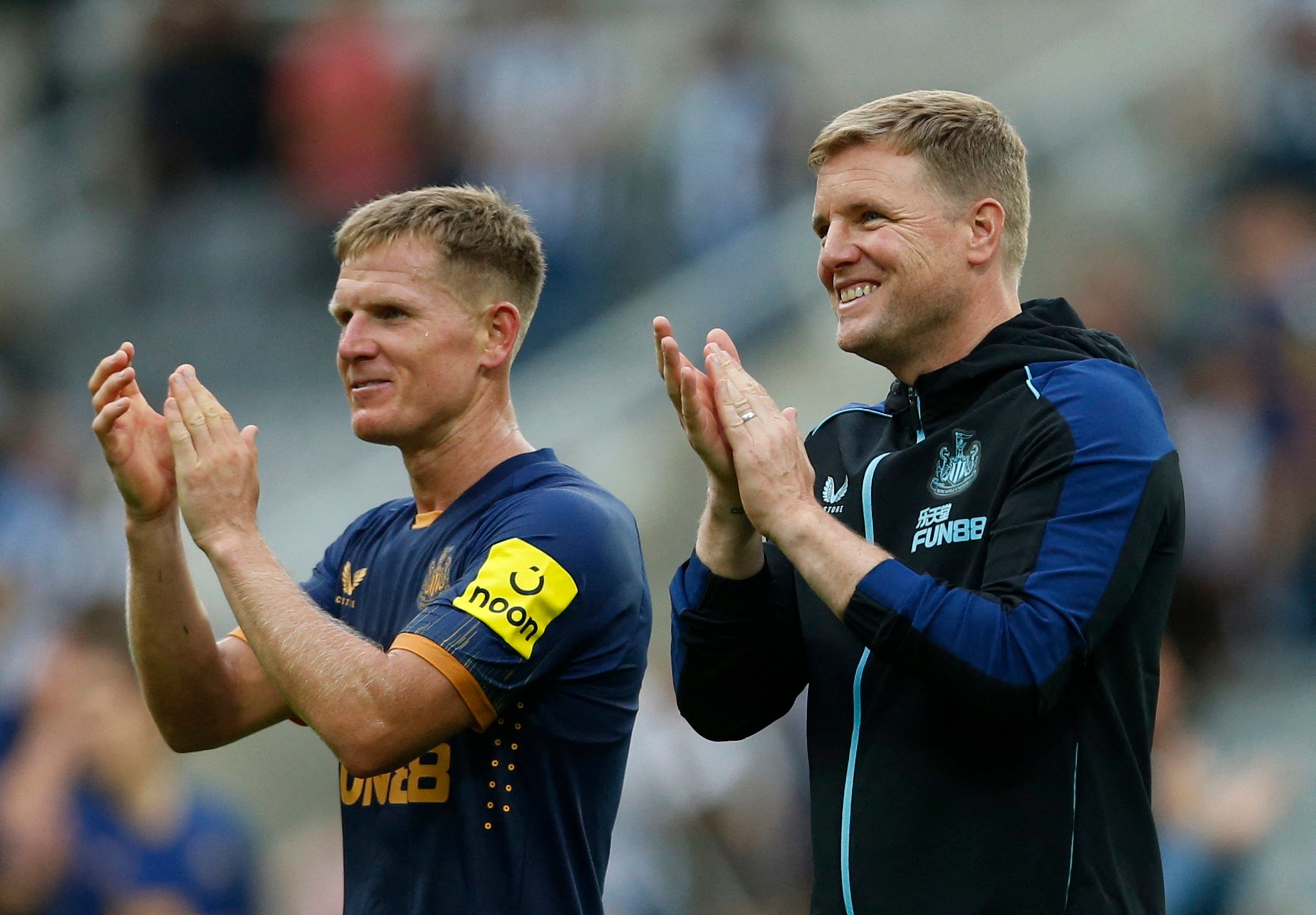 Soccer Football - Pre Season Friendly - Newcastle United v Athletic Bilbao - St James' Park, Newcastle, Britain - July 30, 2022 Newcastle United manager Eddie Howe and Matt Ritchie after the match Action Images via Reuters/Ed Sykes