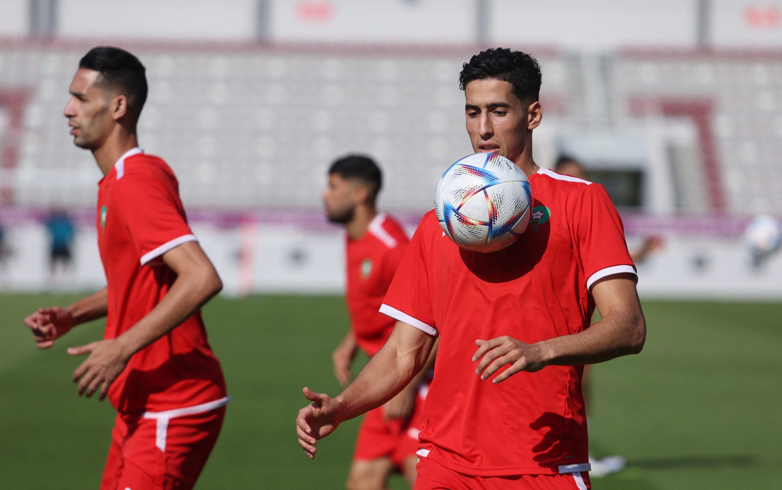 Soccer Football - FIFA World Cup Qatar 2022 - Morocco Training - Al Duhail SC Stadium, Doha, Qatar - November 22, 2022 Morocco's Nayef Aguerd during training REUTERS/Amanda Perobelli