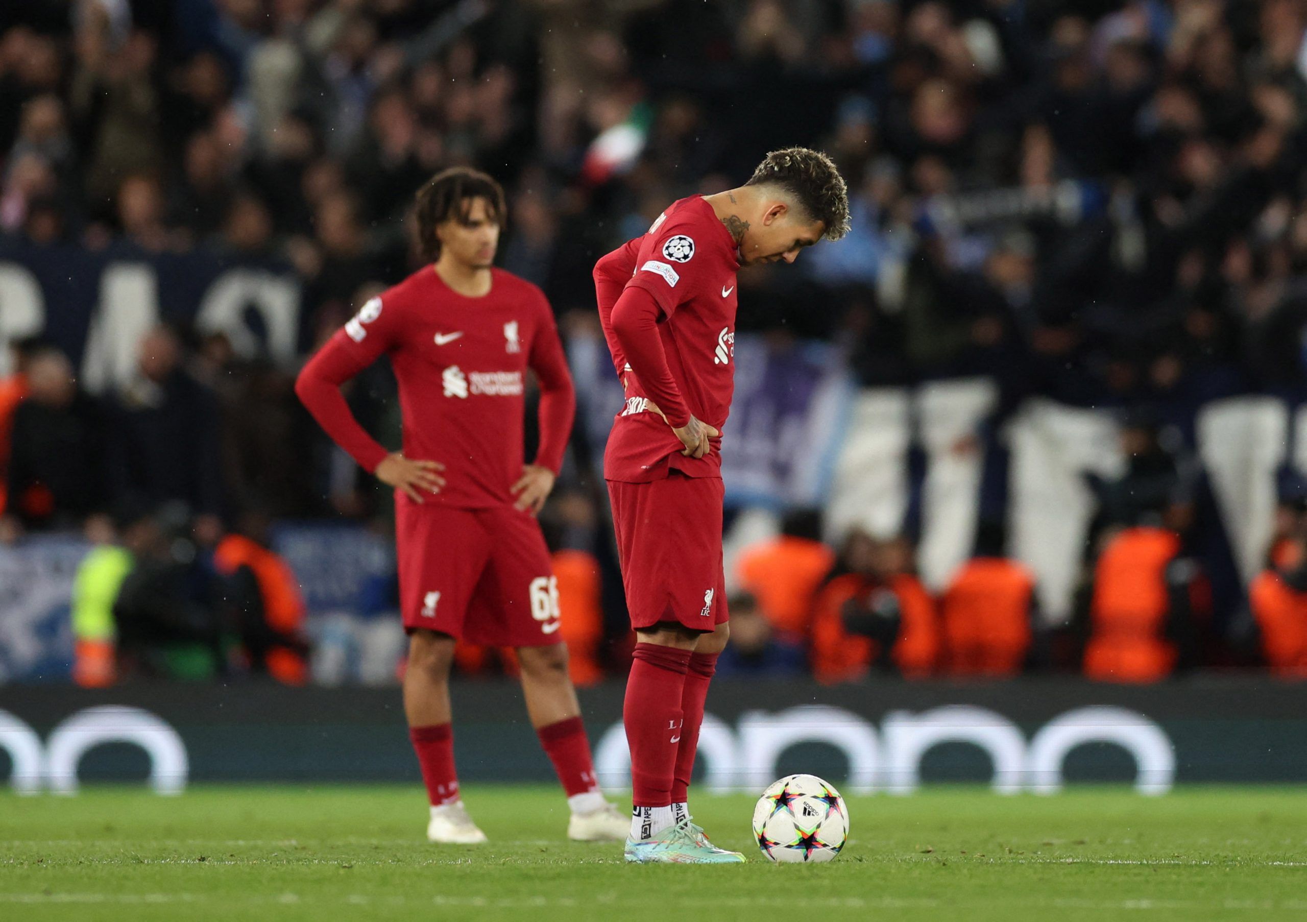 Soccer Football - Champions League - Group A - Liverpool v Napoli - Anfield, Liverpool, Britain - November 1, 2022 Liverpool's Roberto Firmino looks dejected after Napoli's Leo Ostigard scores their first goal REUTERS/Carl Recine