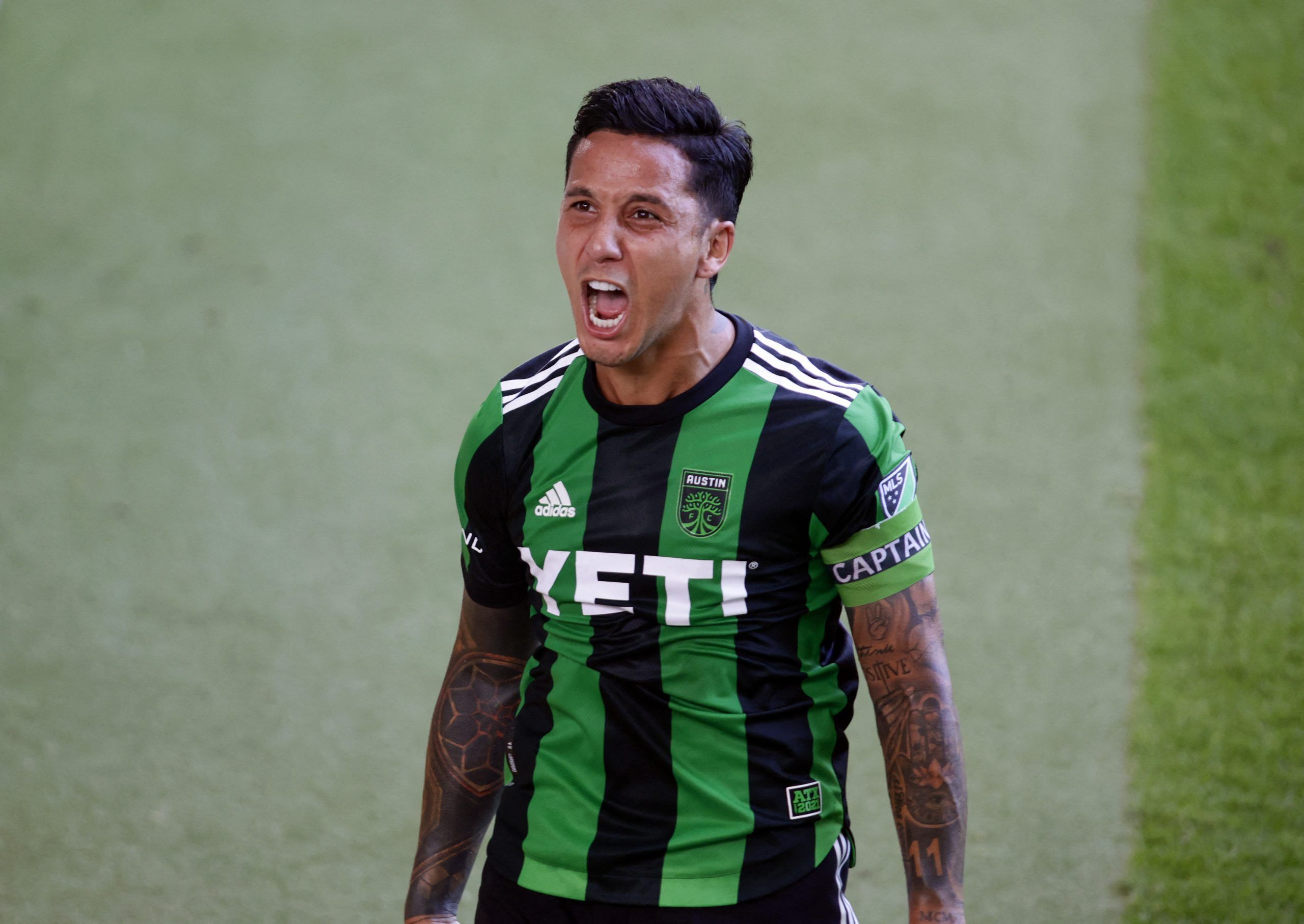 Oct 16, 2022; Austin, Texas, US; Austin FC forward Sebastian Driussi (7) reacts to a goal against the Real Salt Lake during the second half at Q2 Stadium. Mandatory Credit: Erich Schlegel-USA TODAY Sports
