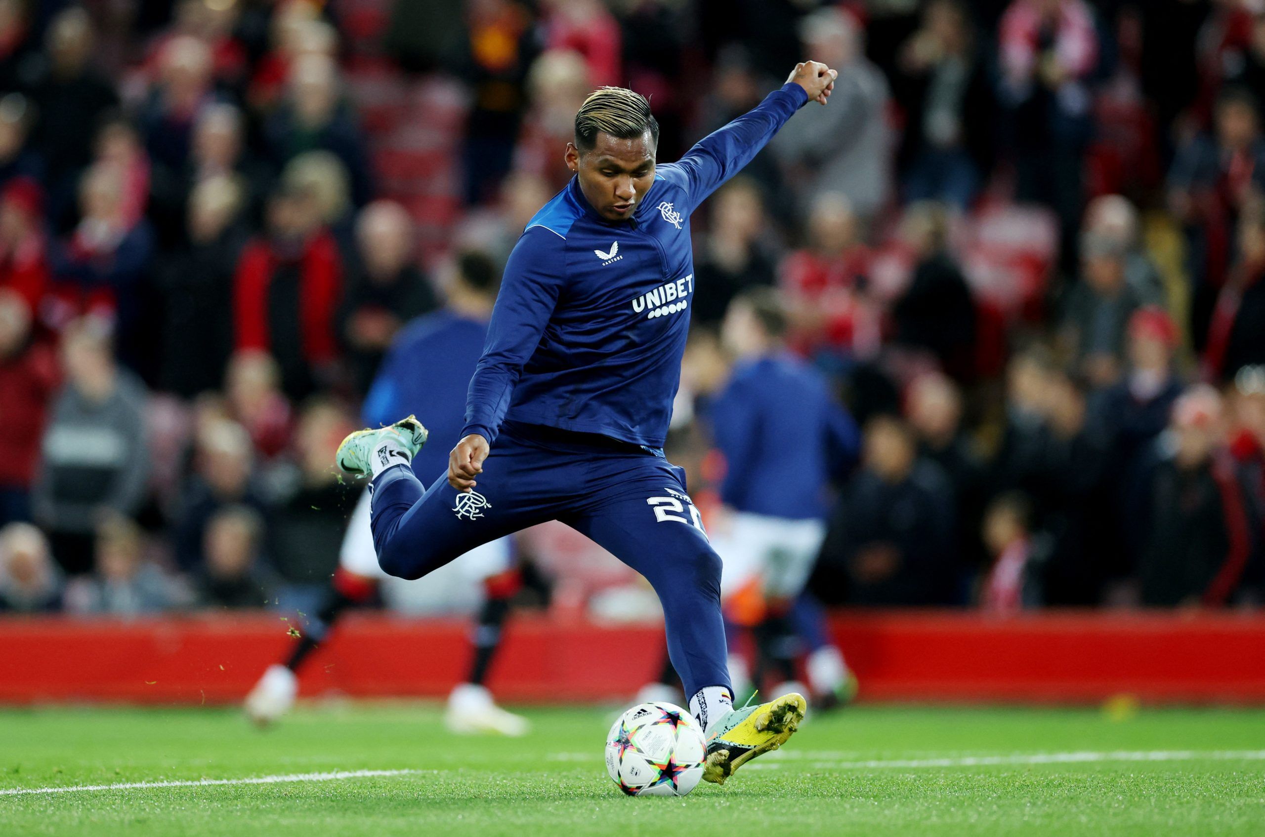 Soccer Football - Champions League - Group A - Liverpool v Rangers - Anfield, Liverpool, Britain - October 4, 2022   Rangers' Alfredo Morelos during the warm up before the match Action Images via Reuters/Carl Recine