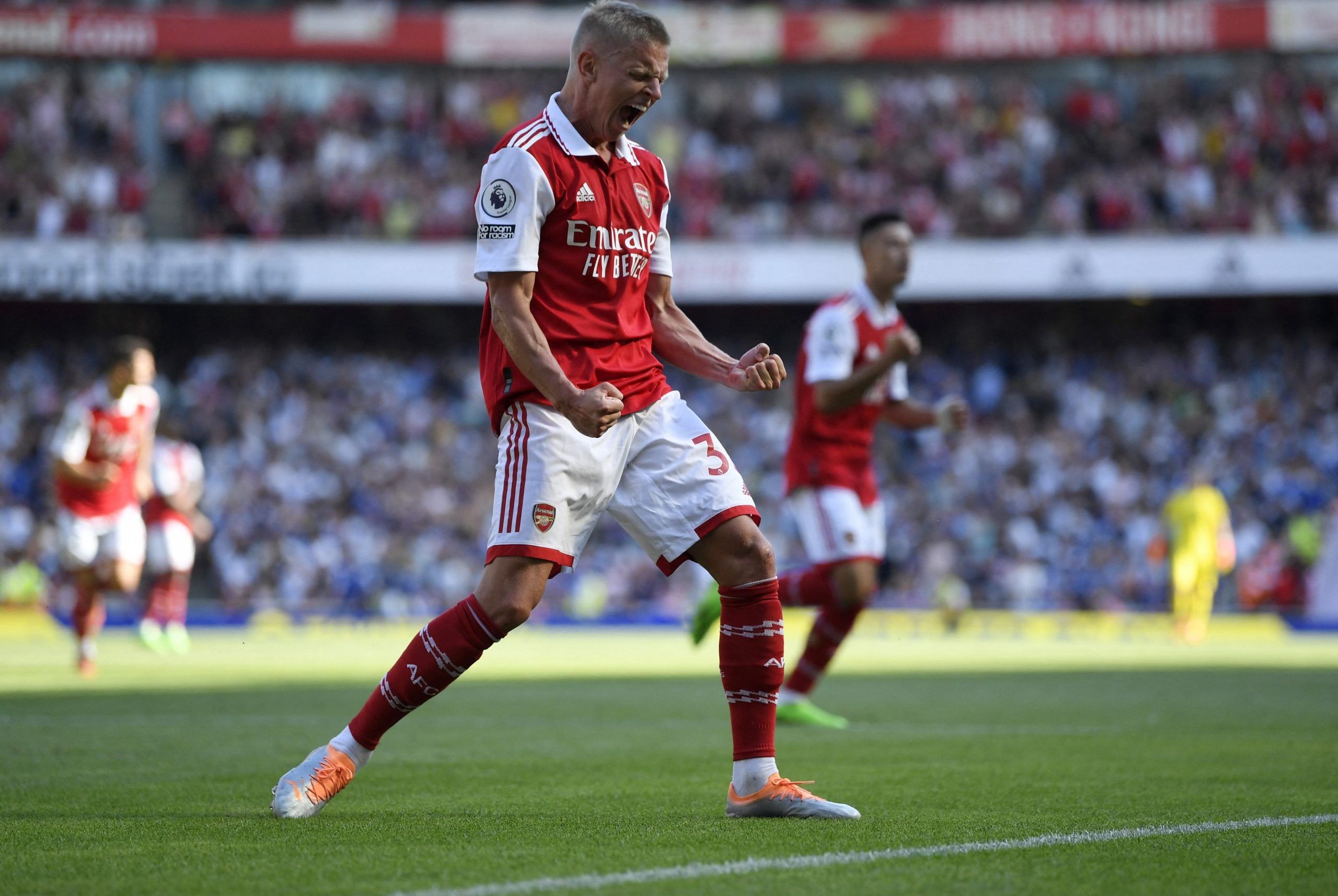 Arsenal's Oleksandr Zinchenko celebrates their fourth goal scored by Gabriel Martinelli