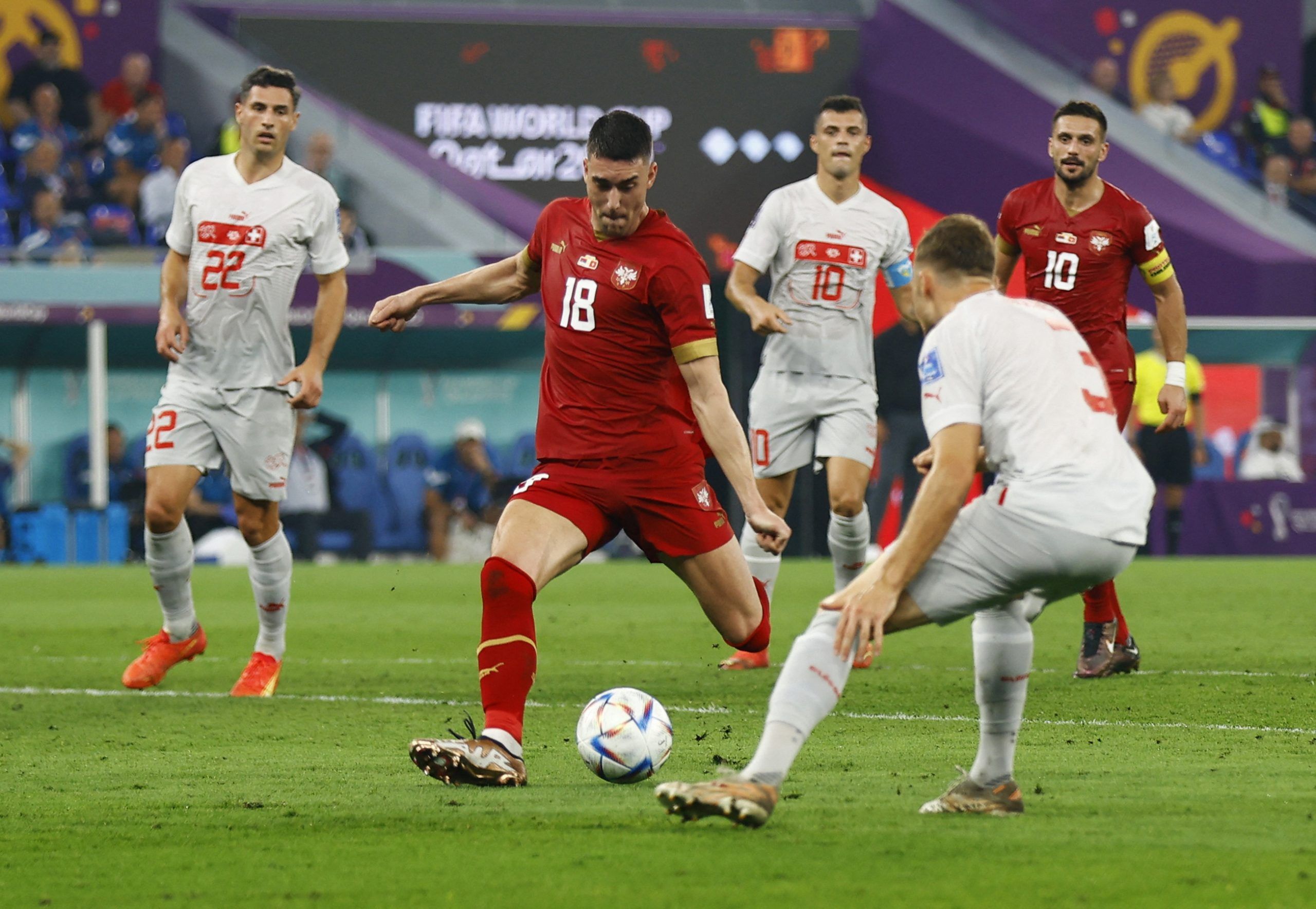 Soccer Football - FIFA World Cup Qatar 2022 - Group G - Serbia v Switzerland - Stadium 974, Doha, Qatar - December 2, 2022 Serbia's Dusan Vlahovic scores their second goal REUTERS/Suhaib Salem