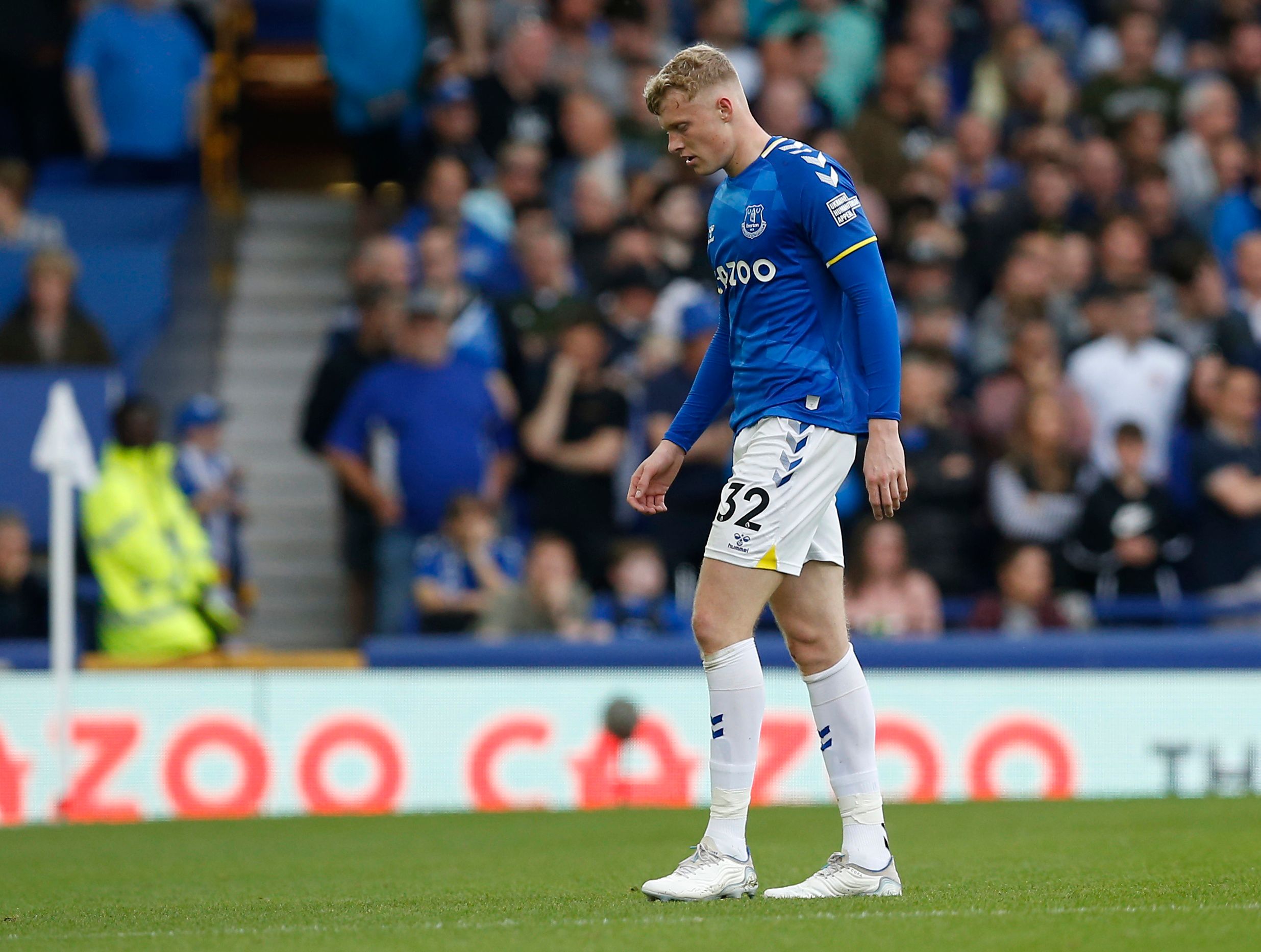  Jarrad Branthwaite, a young English defender, looks dejected after playing for Everton in a Premier League match against Manchester United at Goodison Park.