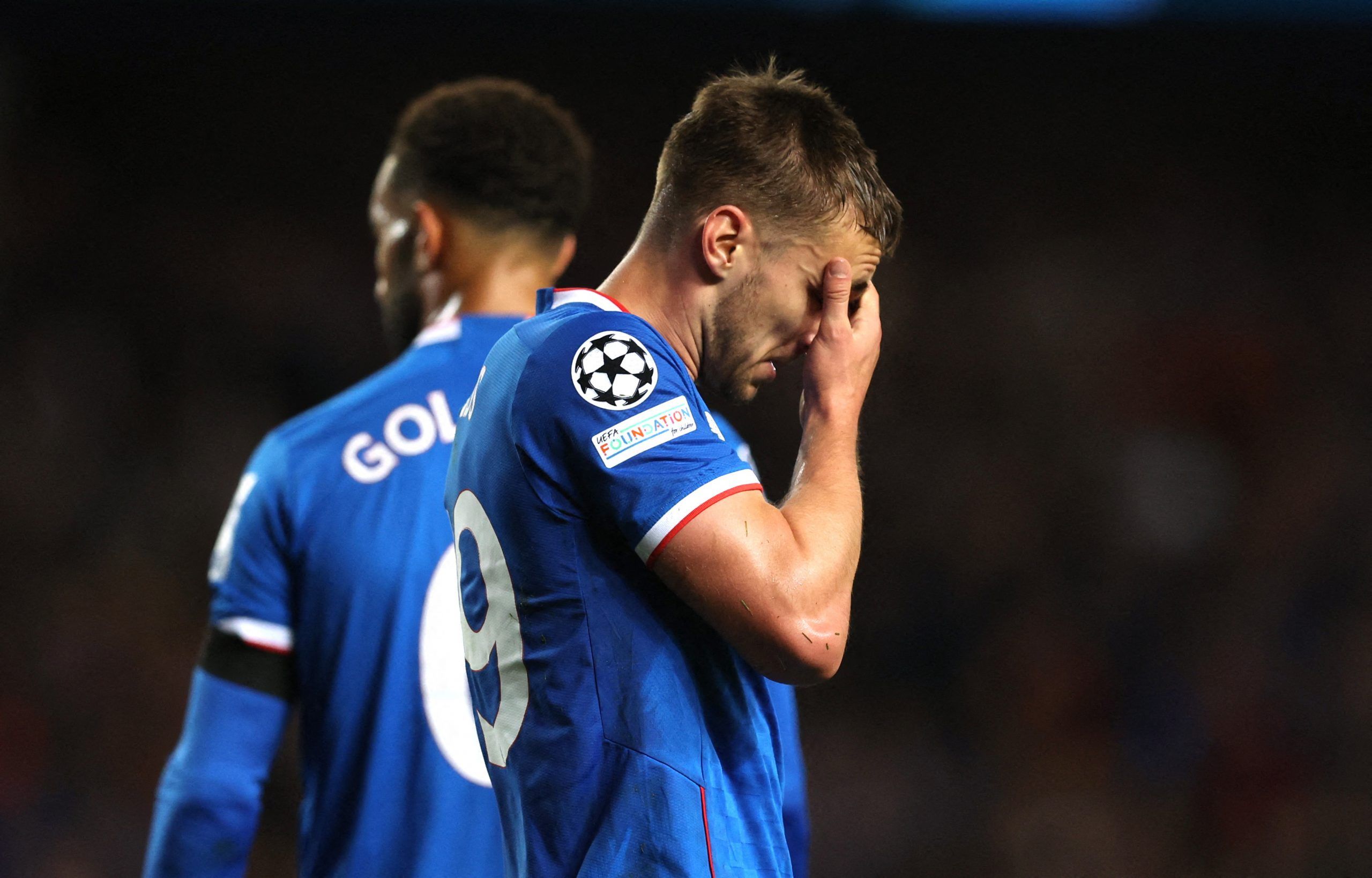 Soccer Football - Champions League - Group A - Rangers v Napoli - Ibrox, Glasgow, Scotland, Britain - September 14, 2022  Rangers' James Sands reacts after being sent off REUTERS/Russell Cheyne