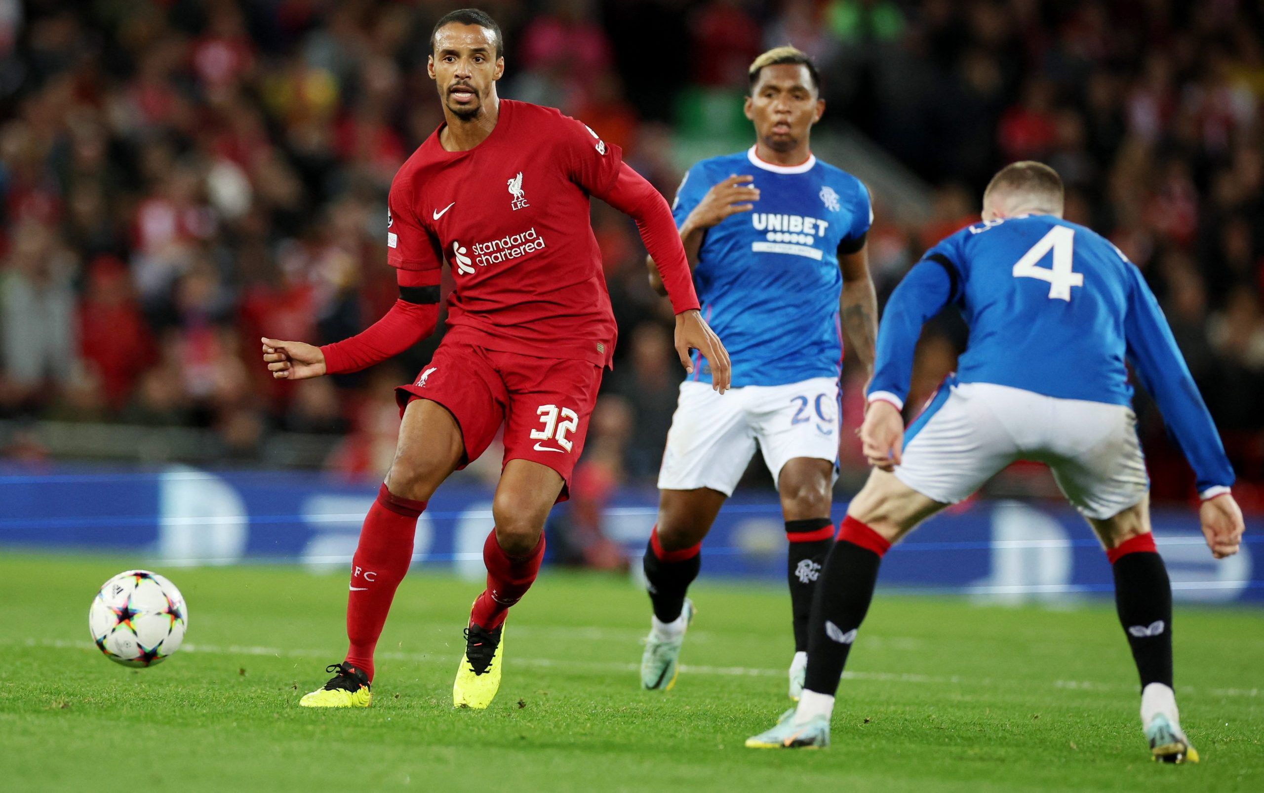 Soccer Football - Champions League - Group A - Liverpool v Rangers - Anfield, Liverpool, Britain - October 4, 2022  Liverpool's Joel Matip in action with Rangers' Alfredo Morelos and John Lundstram REUTERS/Phil Noble