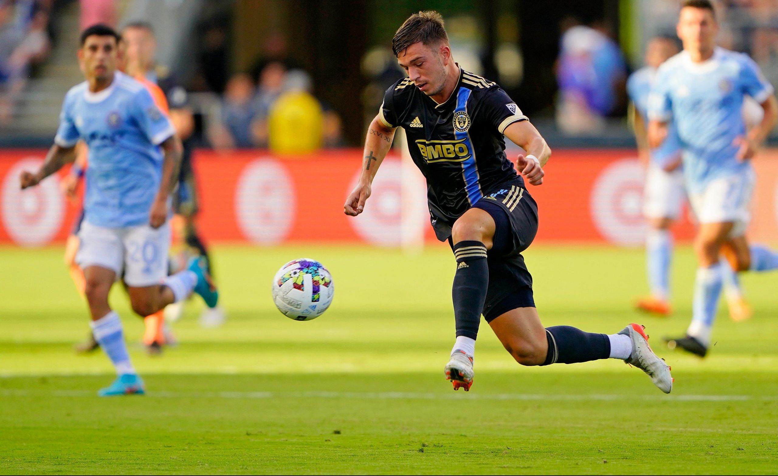 Jun 26, 2022; Philadelphia, Pennsylvania, USA; Philadelphia Union defender Kai Wagner (27) makes a play for the ball against New York City FC during the second half at Subaru Park. Mandatory Credit: Gregory Fisher-USA TODAY Sports
