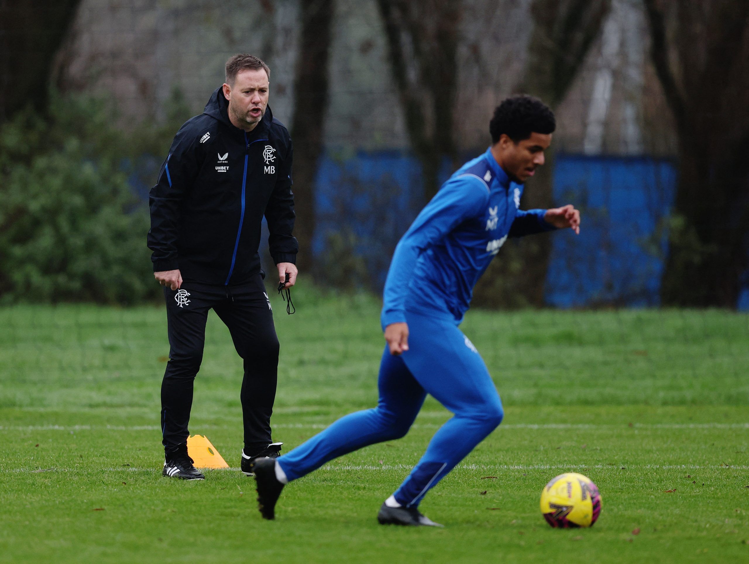 Soccer Football - Rangers Training with new manager Michael Beale - The Hummel Training Centre, Glasgow, Scotland, Britain - December 1, 2022 Newly appointed Rangers manager Michael Beale and Malik Tillman during training REUTERS/Russell Cheyne