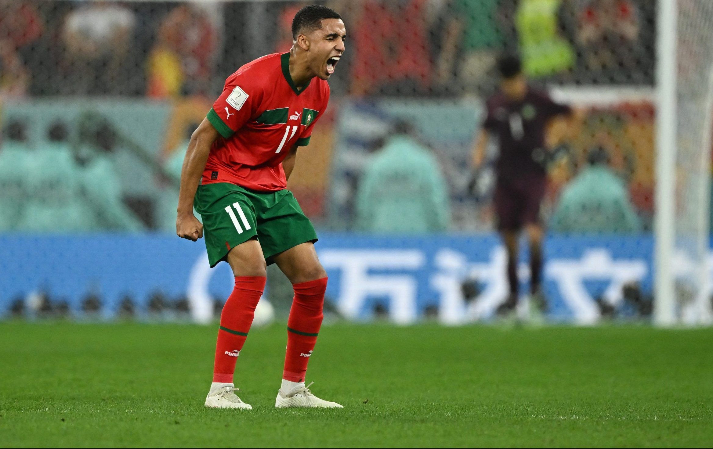 Morocco's Abdelhamid Sabiri celebrates scoring a penalty during the penalty shootout