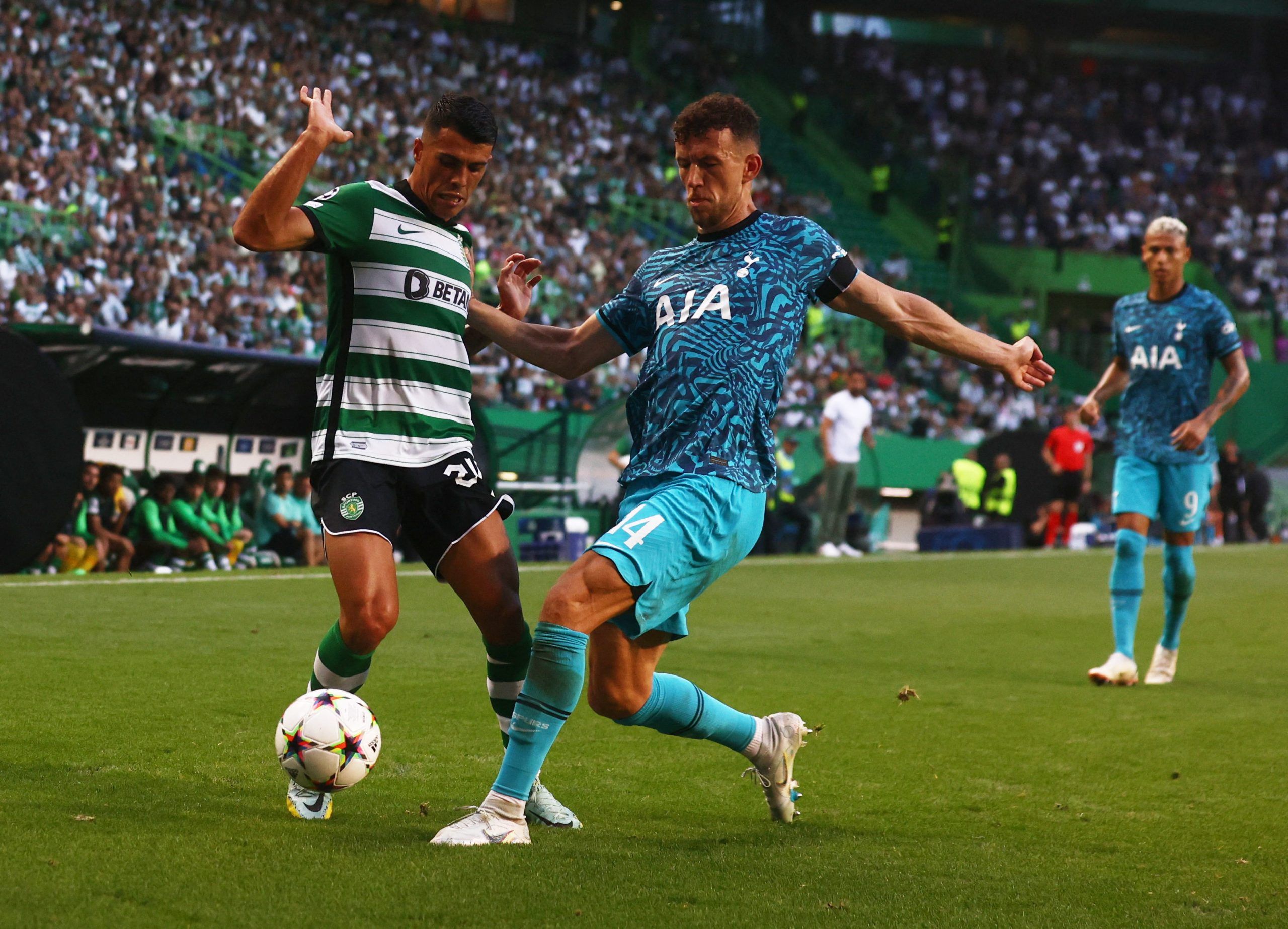 Sporting CP's Pedro Porro in action with Tottenham Hotspur's Ivan Perisic 
