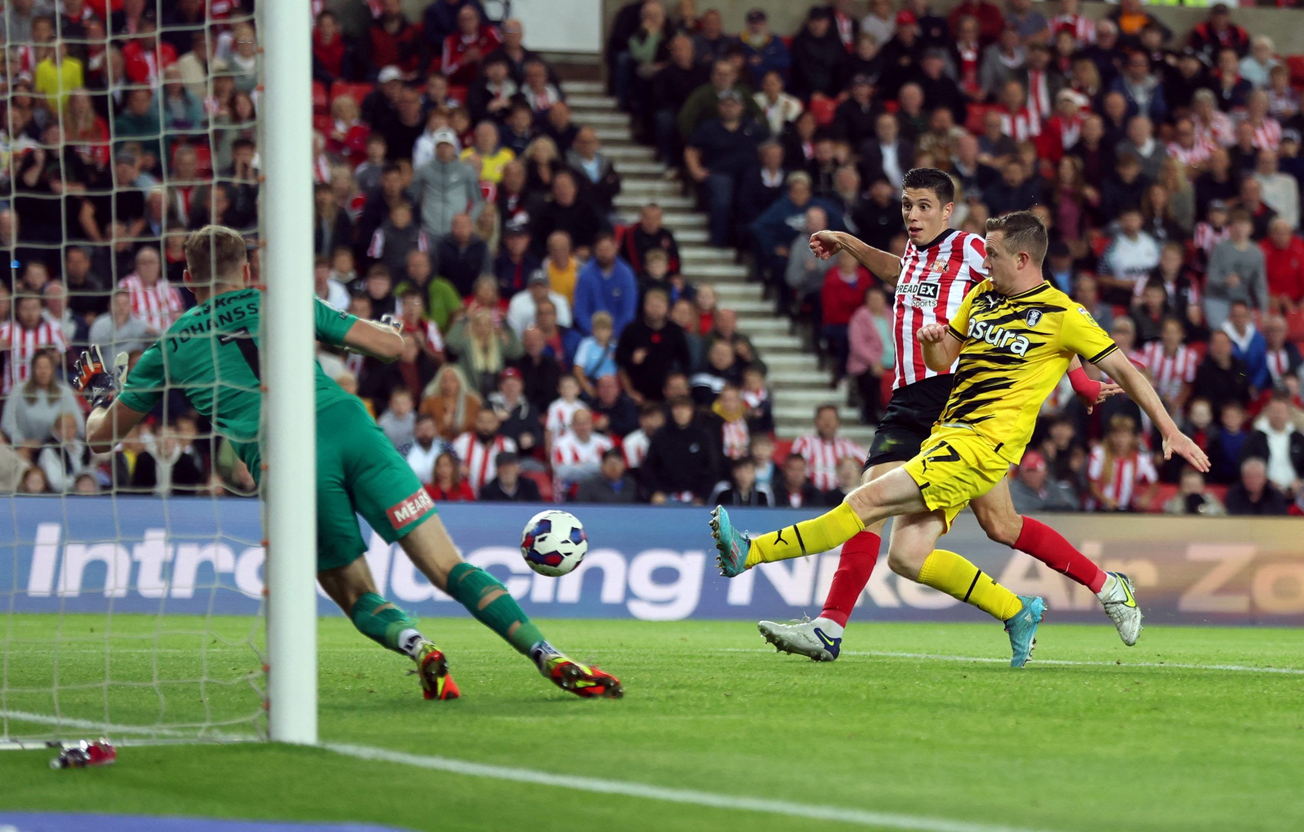 Soccer Football - Championship - Sunderland v Rotherham United - Stadium of Light, Sunderland, Britain - August 31, 2022  Sunderland's Ross Stewart scores their second goal  Action Images/Lee Smith  EDITORIAL USE ONLY. No use with unauthorized audio, video, data, fixture lists, club/league logos or 