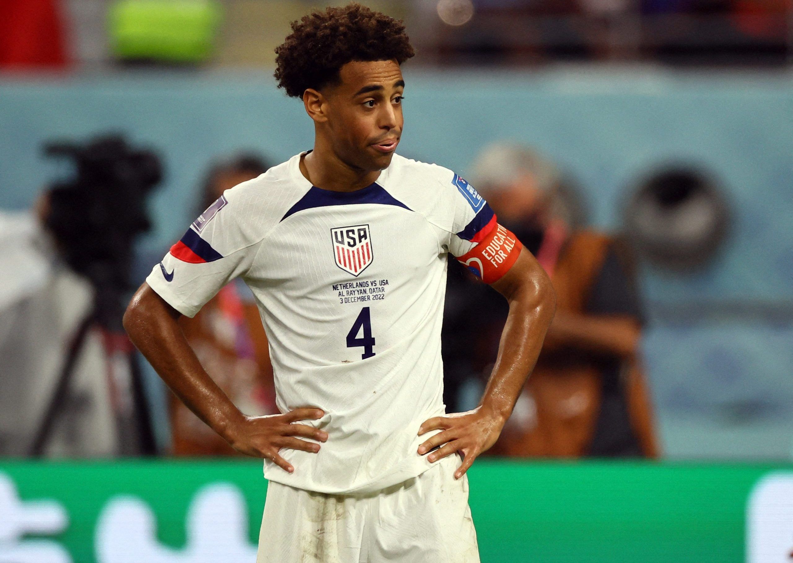 Tyler Adams of the U.S. reacts after World Cup exit.