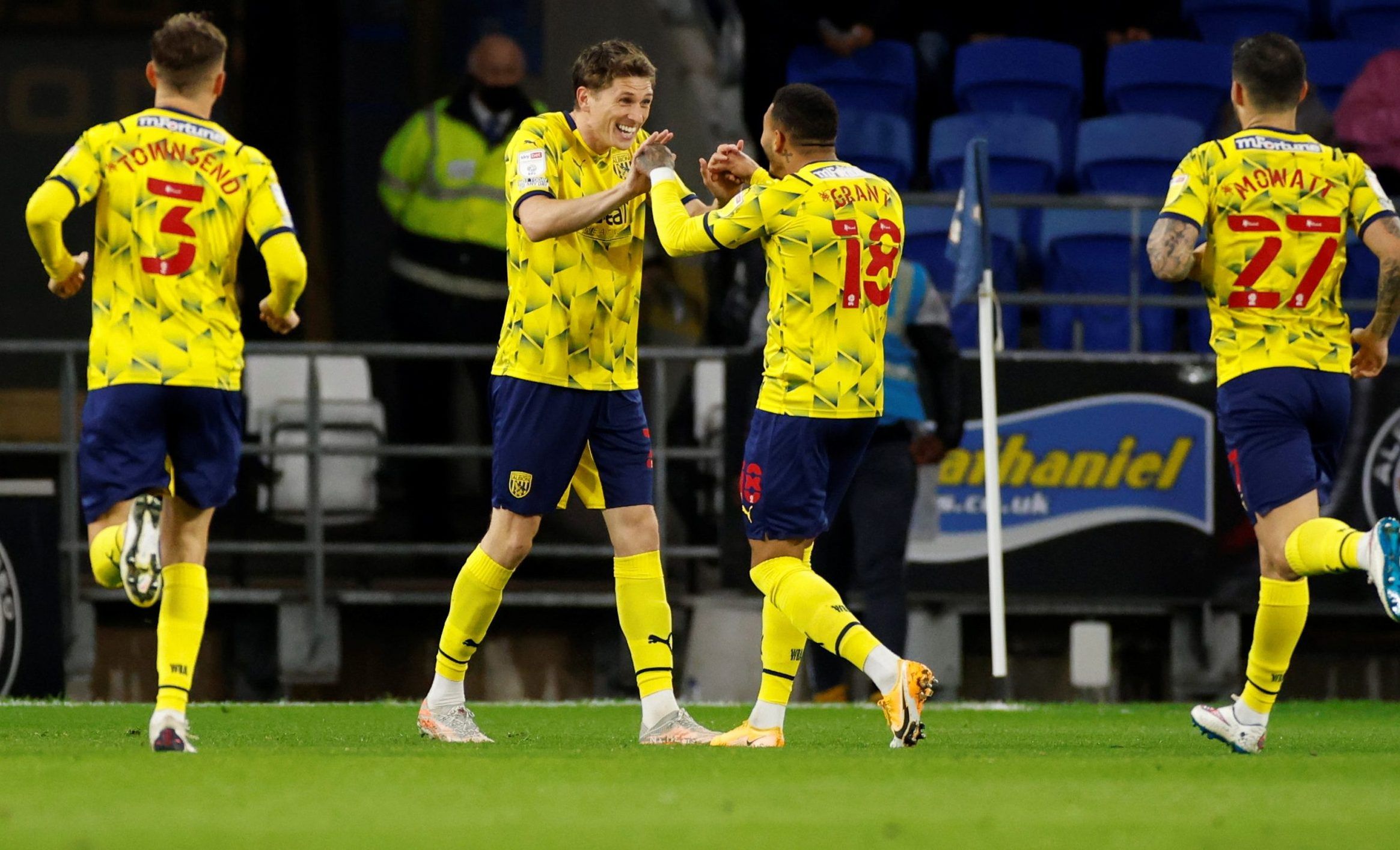 West Bromwich Albion's Karlan Grant celebrates after scoring their first goal with Adam Reach