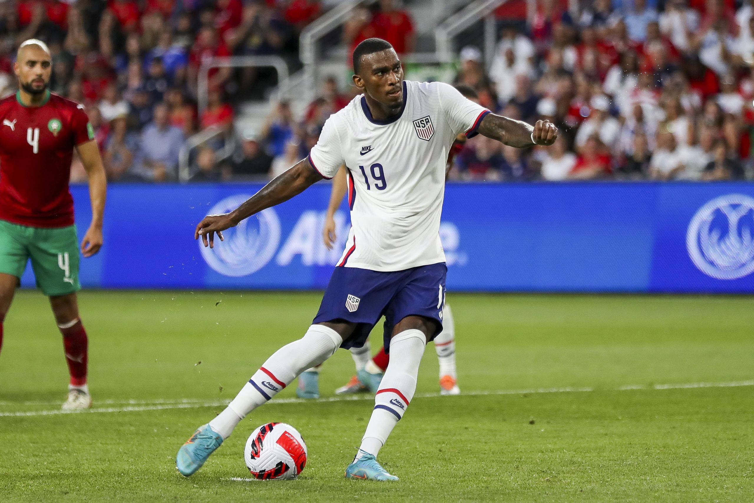 Jun 1, 2022; Cincinnati, Ohio, USA; the United States forward Haji Wright (19) shoots and scores a goal on a penalty kick against Morocco in the second half during an International friendly soccer match at TQL Stadium. Mandatory Credit: Katie Stratman-USA TODAY Sports
