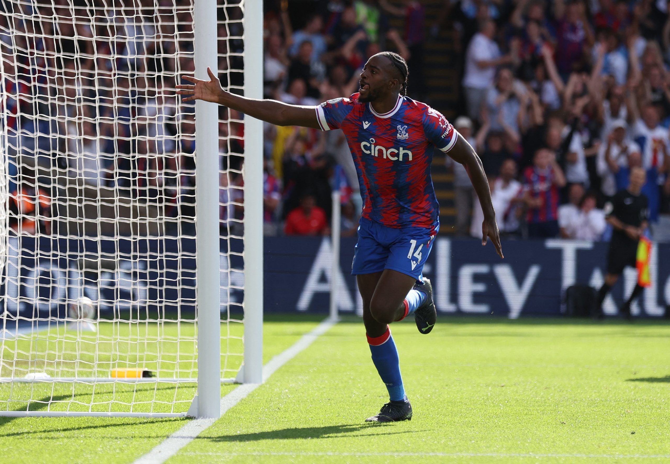 Soccer Football - Premier League - Crystal Palace v Aston Villa - Selhurst Park, London, Britain - August 20, 2022 Crystal Palace's Jean-Philippe Mateta celebrates scoring their third goal REUTERS/Ian Walton EDITORIAL USE ONLY. No use with unauthorized audio, video, data, fixture lists, club/league logos or 'live' services. Online in-match use limited to 75 images, no video emulation. No use in betting, games or single club /league/player publications.  Please contact your account representative