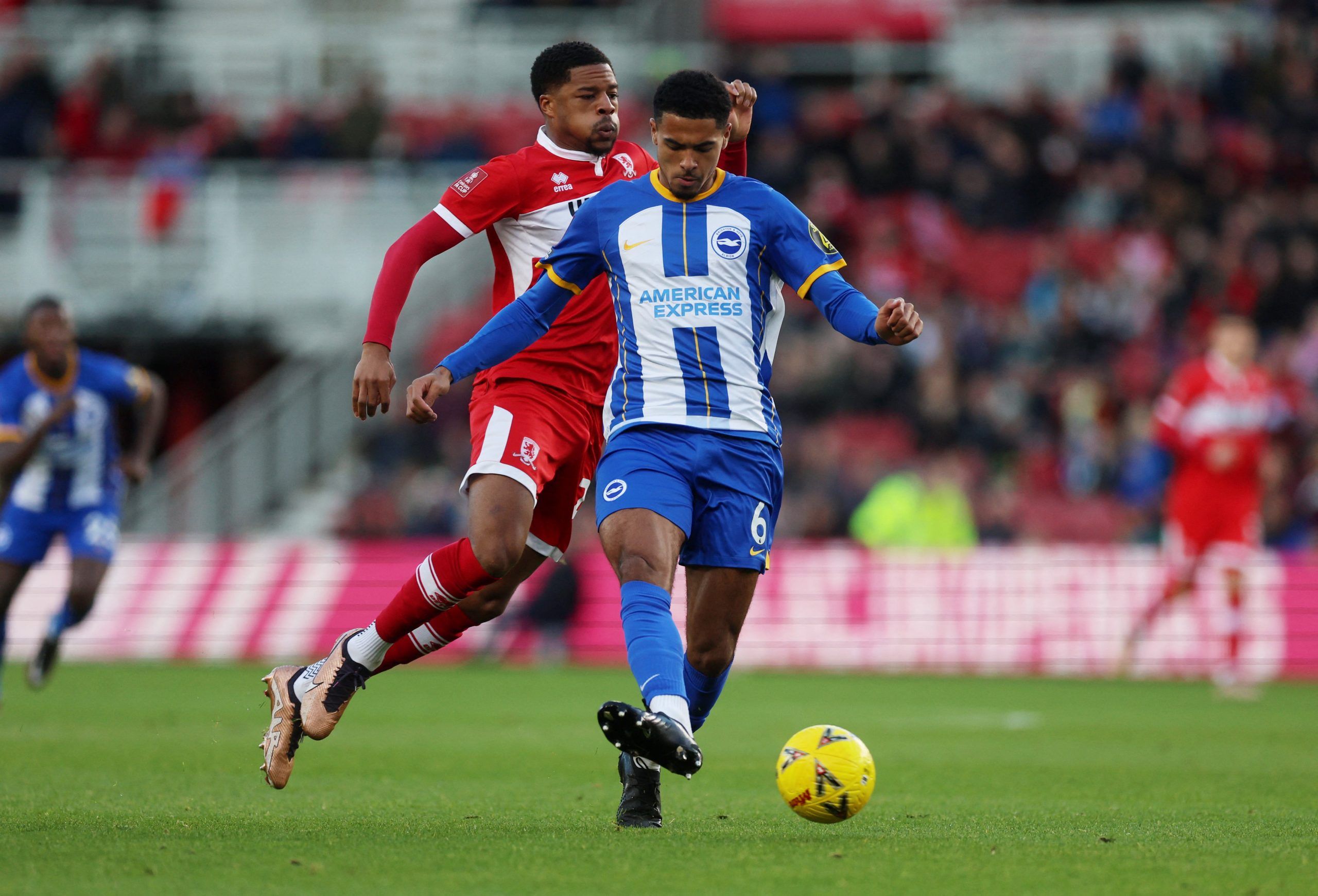 Soccer Football - FA Cup Third Round - Middlesbrough v Brighton &amp; Hove Albion - Riverside Stadium, Middlesbrough, Britain - January 7, 2023 Brighton &amp; Hove Albion's Levi Colwill in action with Middlesbrough's Chuba Akpom Action Images via Reuters/Lee Smith