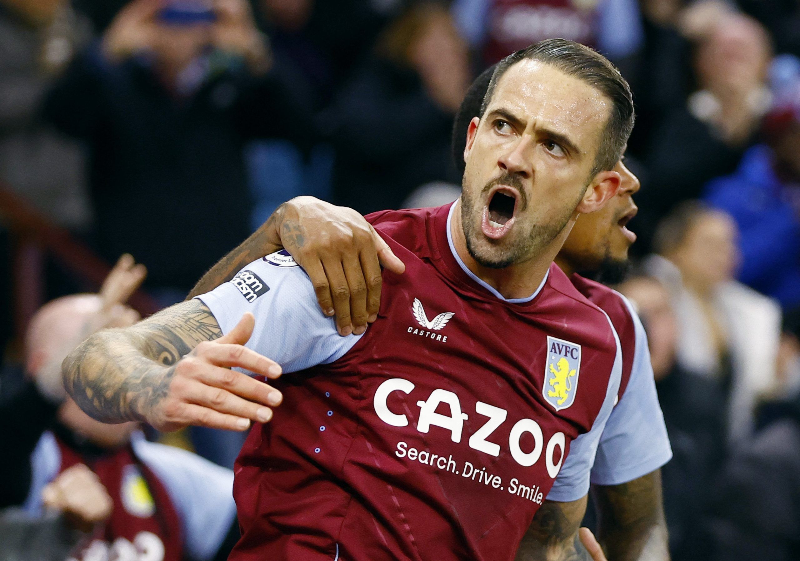 Soccer Football - Premier League - Aston Villa v Wolverhampton Wanderers - Villa Park, Birmingham, Britain - January 4, 2023 Aston Villa's Danny Ings celebrates scoring their first goal with Leon Bailey Action Images via Reuters/Peter Cziborra EDITORIAL USE ONLY. No use with unauthorized audio, video, data, fixture lists, club/league logos or 'live' services. Online in-match use limited to 75 images, no video emulation. No use in betting, games or single club /league/player publications.  Please