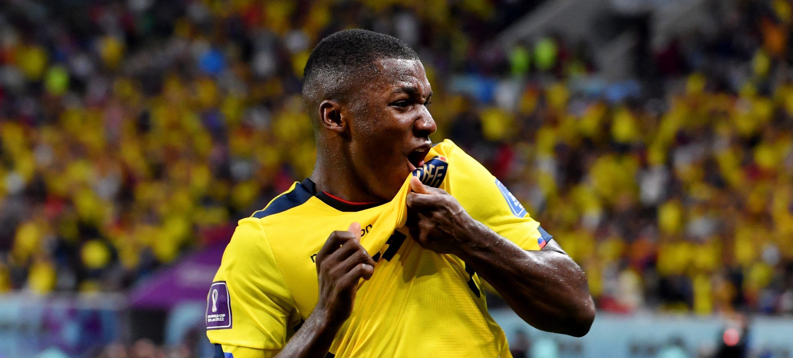 Ecuador's Moises Caicedo celebrates scoring their first goal vs Senegal at World Cup.