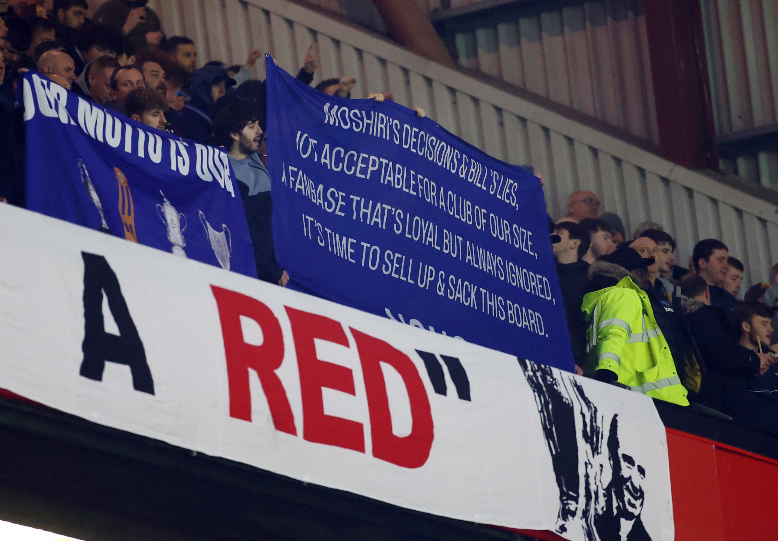 Soccer Football - FA Cup Third Round - Manchester United v Everton - Old Trafford, Manchester, Britain - January 6, 2023 Everton fans display a banner in reference to Everton owner Farhad Moshiri and Everton chairman Bill Kenwright inside the stadium before the match REUTERS/Carl Recine