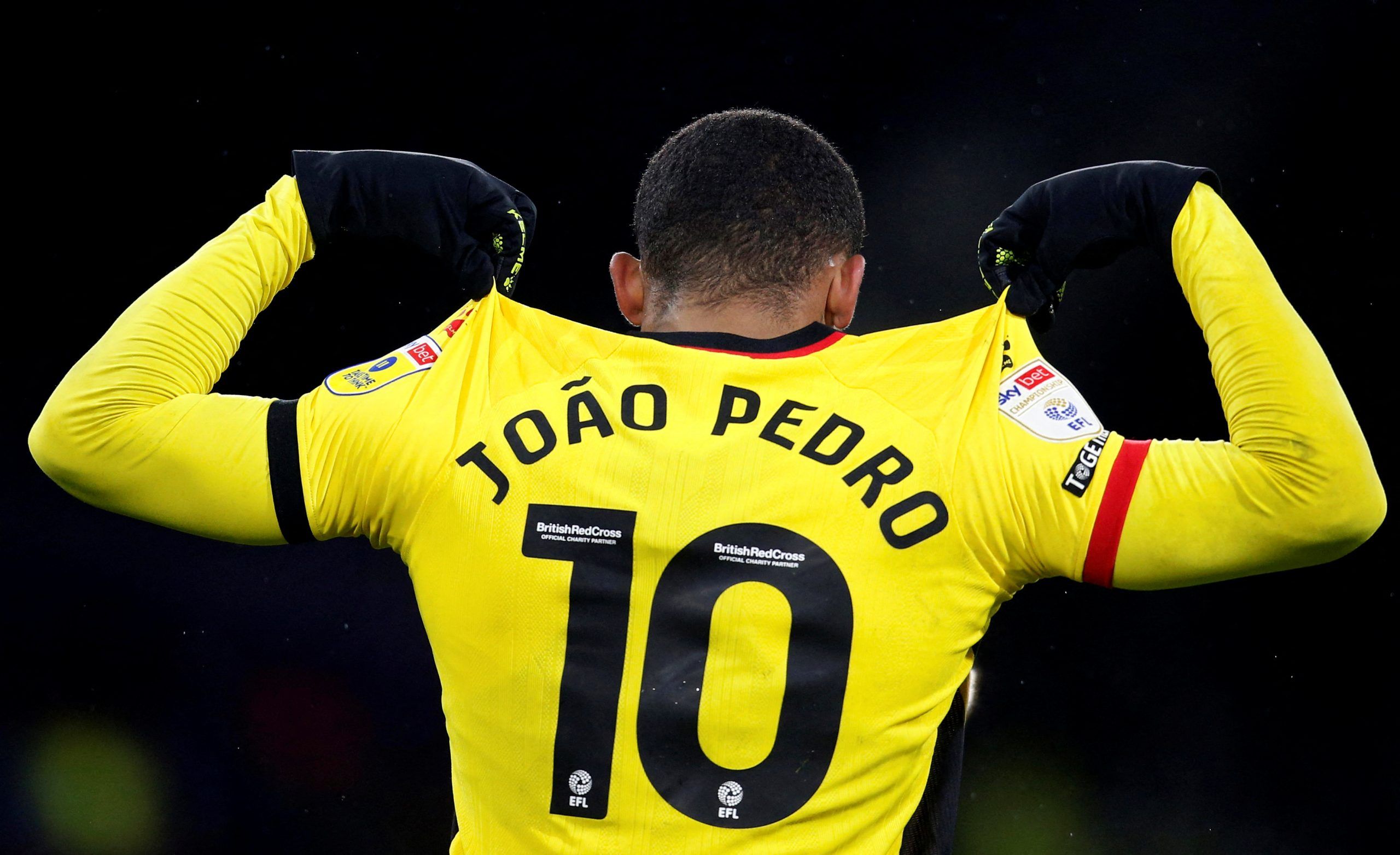 Soccer Football - Championship - Huddersfield Town v Watford - John Smith's Stadium, Huddersfield, Britain - December 17, 2022 Watford's Joao Pedro celebrates scoring their second goal Action Images/Ed Sykes  EDITORIAL USE ONLY. No use with unauthorized audio, video, data, fixture lists, club/league logos or 