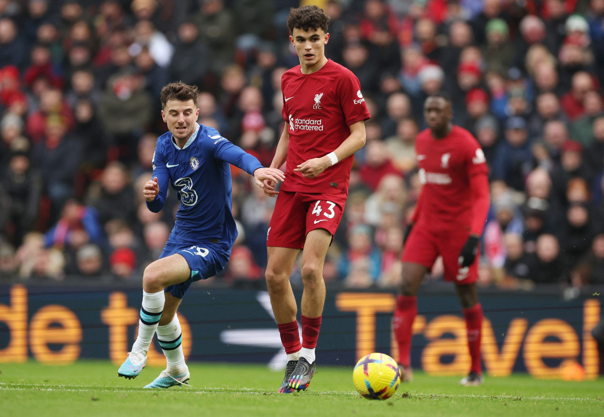 Soccer Football - Premier League - Liverpool v Chelsea - Anfield, Liverpool, Britain - January 21, 2023 Chelsea's Kai Havertz in action with Liverpool's Stefan Bajcetic REUTERS/Phil Noble EDITORIAL USE ONLY. No use with unauthorized audio, video, data, fixture lists, club/league logos or 'live' services. Online in-match use limited to 75 images, no video emulation. No use in betting, games or single club /league/player publications.  Please contact your account representative for further details