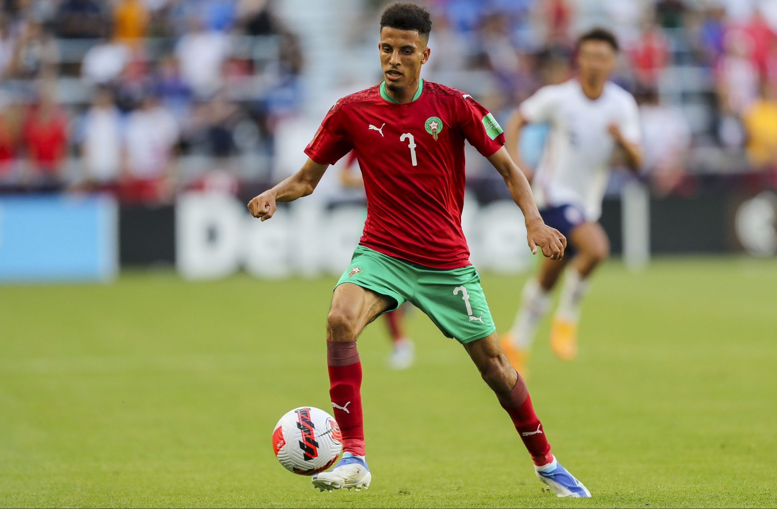 Morocco midfielder Azzedine Ounahi (7) dribbles against the United States in the first half during an International friendly soccer match