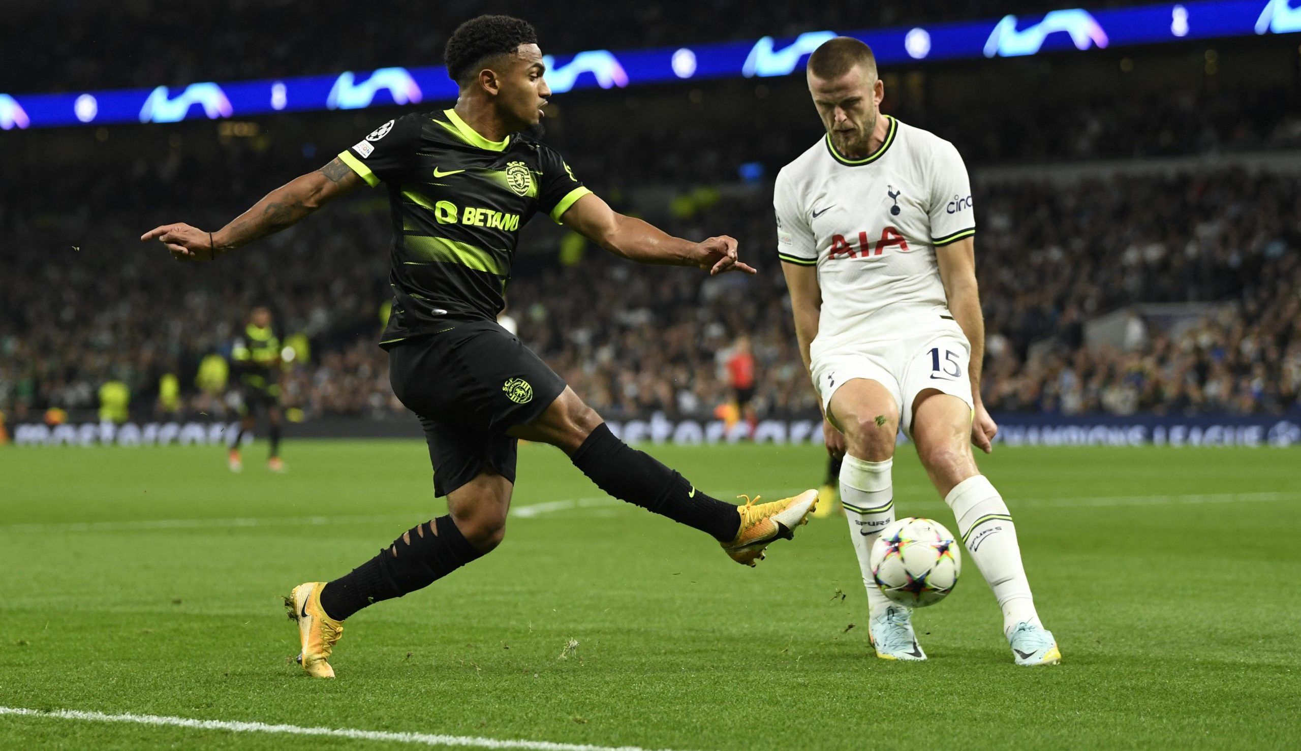 Sporting CP's Marcus Edwards in action with Tottenham Hotspur's Eric Dier