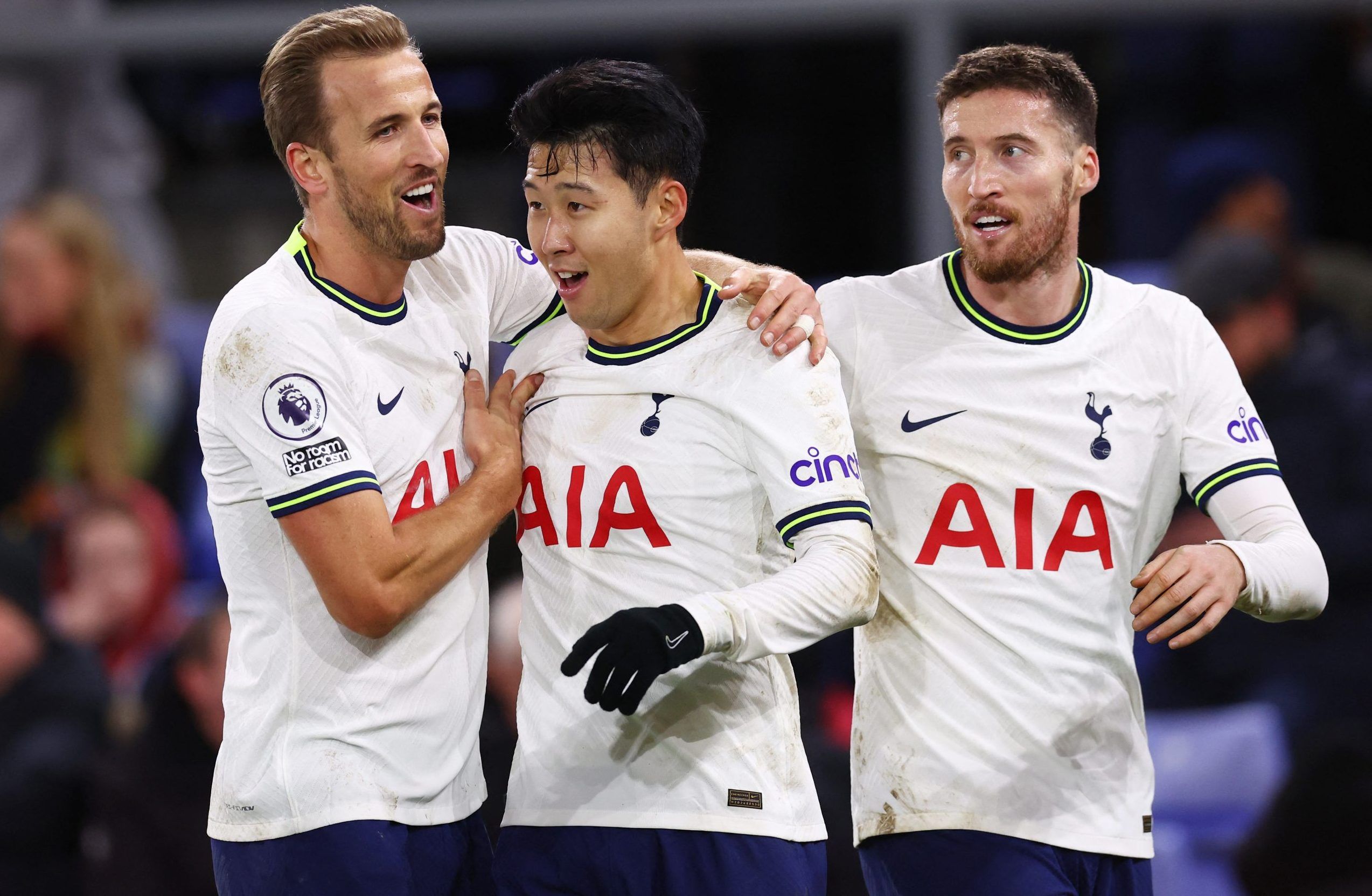 Tottenham Hotspur's Son Heung-min celebrates scoring their fourth goal with Harry Kane and Matt Doherty