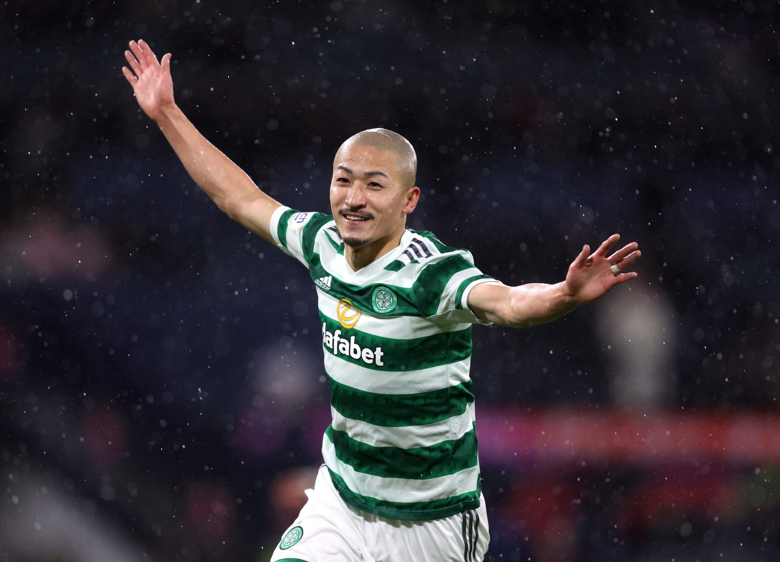 Soccer Football - Scottish League Cup - Semi Final - Celtic v Kilmarnock - Hampden Park, Glasgow, Scotland, Britain - January 14, 2023 Celtic's Daizen Maeda celebrates scoring their second goal before it is disallowed after a VAR review REUTERS/Russell Cheyne