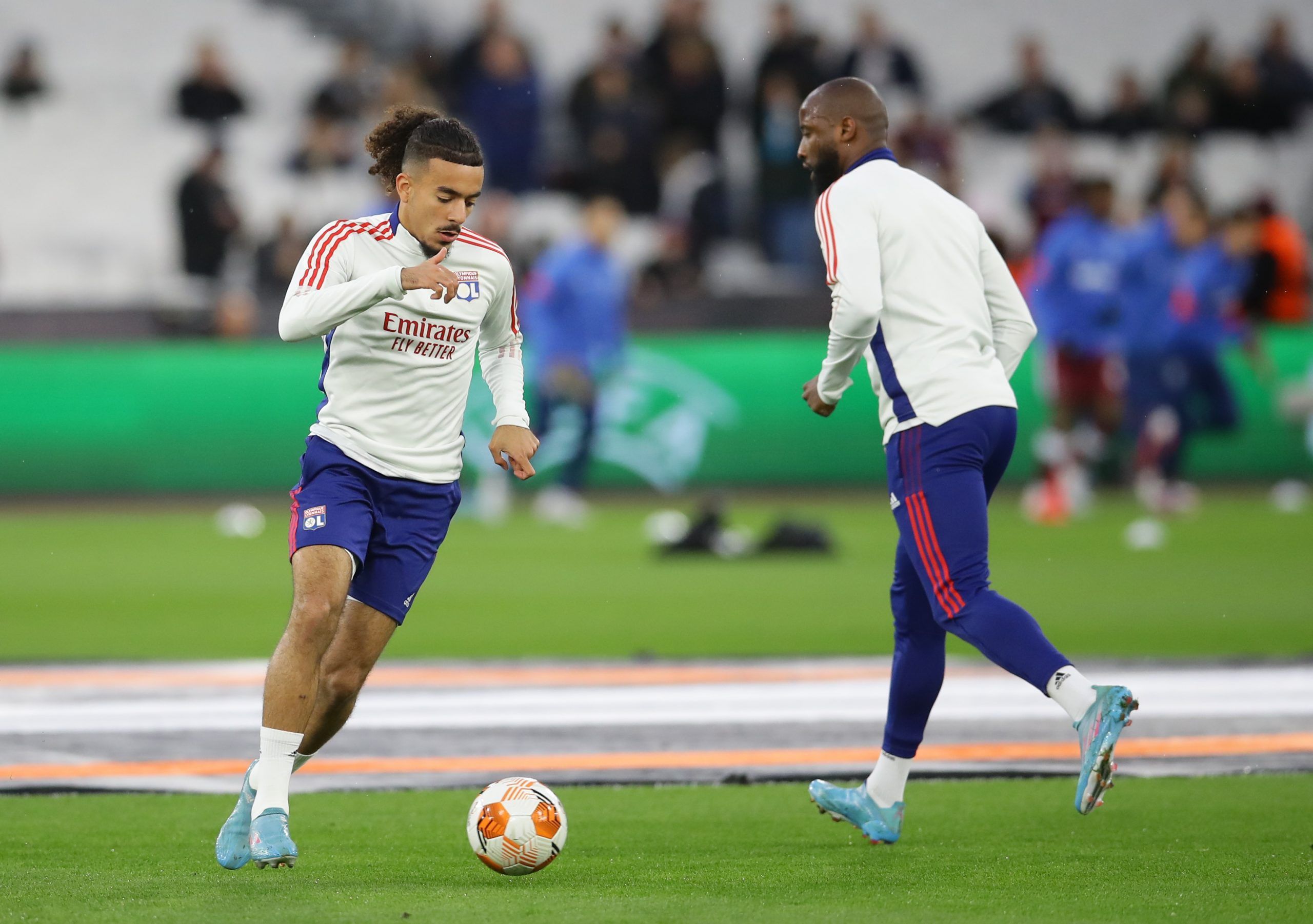 Soccer Football - Europa League - Quarter Final - First Leg - West Ham United v Olympique Lyonnais - London Stadium, London, Britain - April 7, 2022  Olympique Lyonnais' Malo Gusto during the warm up before the match REUTERS/David Klein