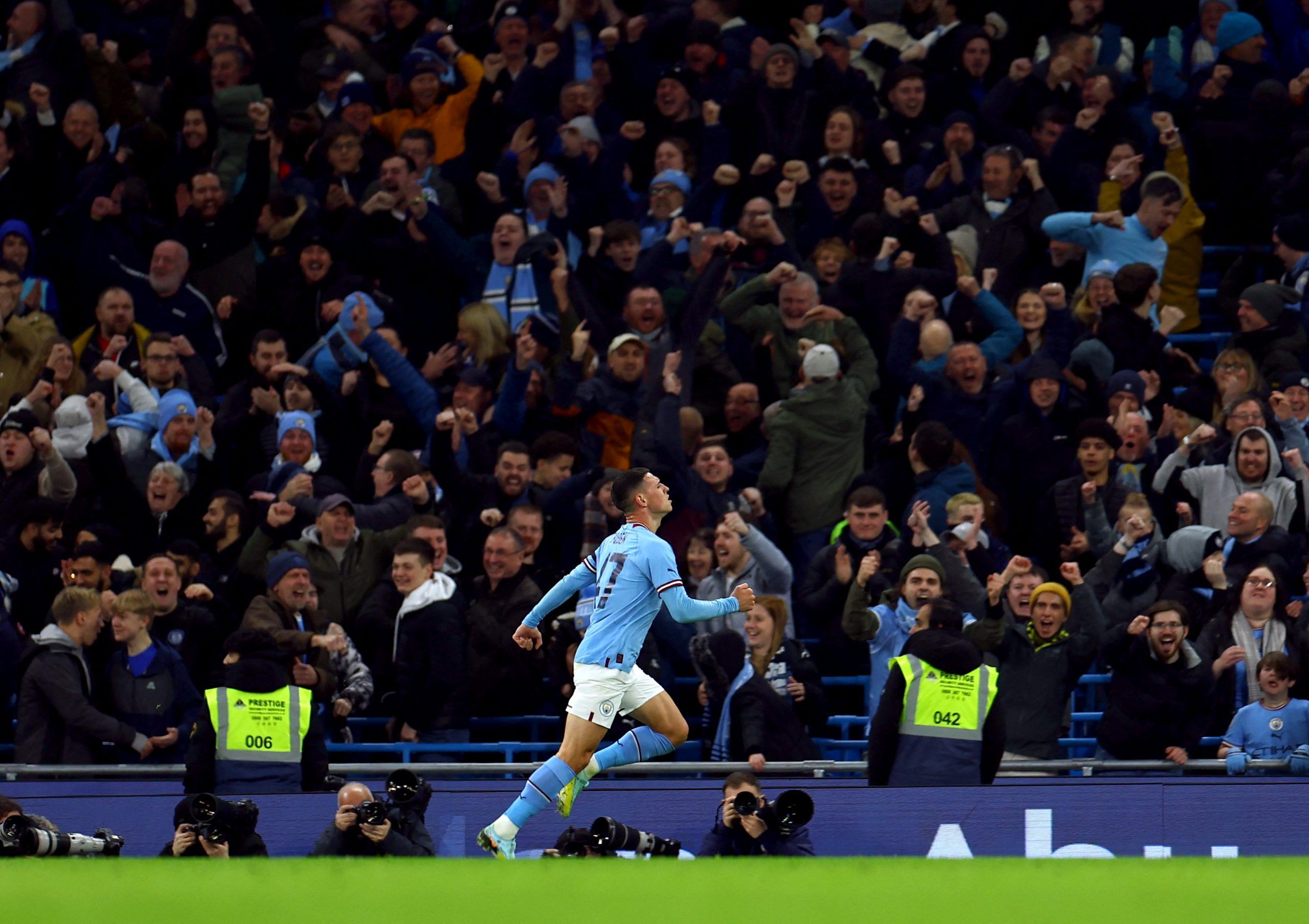 Soccer Football - FA Cup Third Round - Manchester City v Chelsea - Etihad Stadium, Manchester, Britain - January 8, 2023 Manchester City's Phil Foden celebrates scoring their third goal REUTERS/Molly Darlington