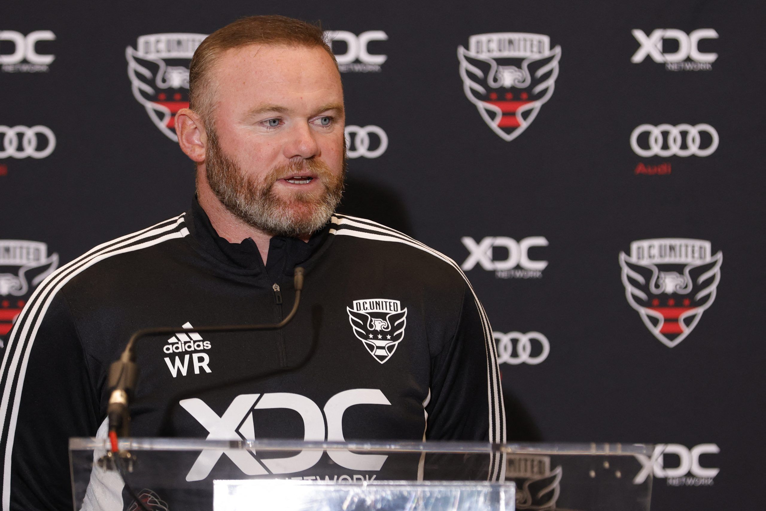 Jul 12, 2022; Washington, DC, USA; D.C. United new head coach Wayne Rooney speaks at an introductory press conference at Audi Field. Mandatory Credit: Geoff Burke-USA TODAY Sports