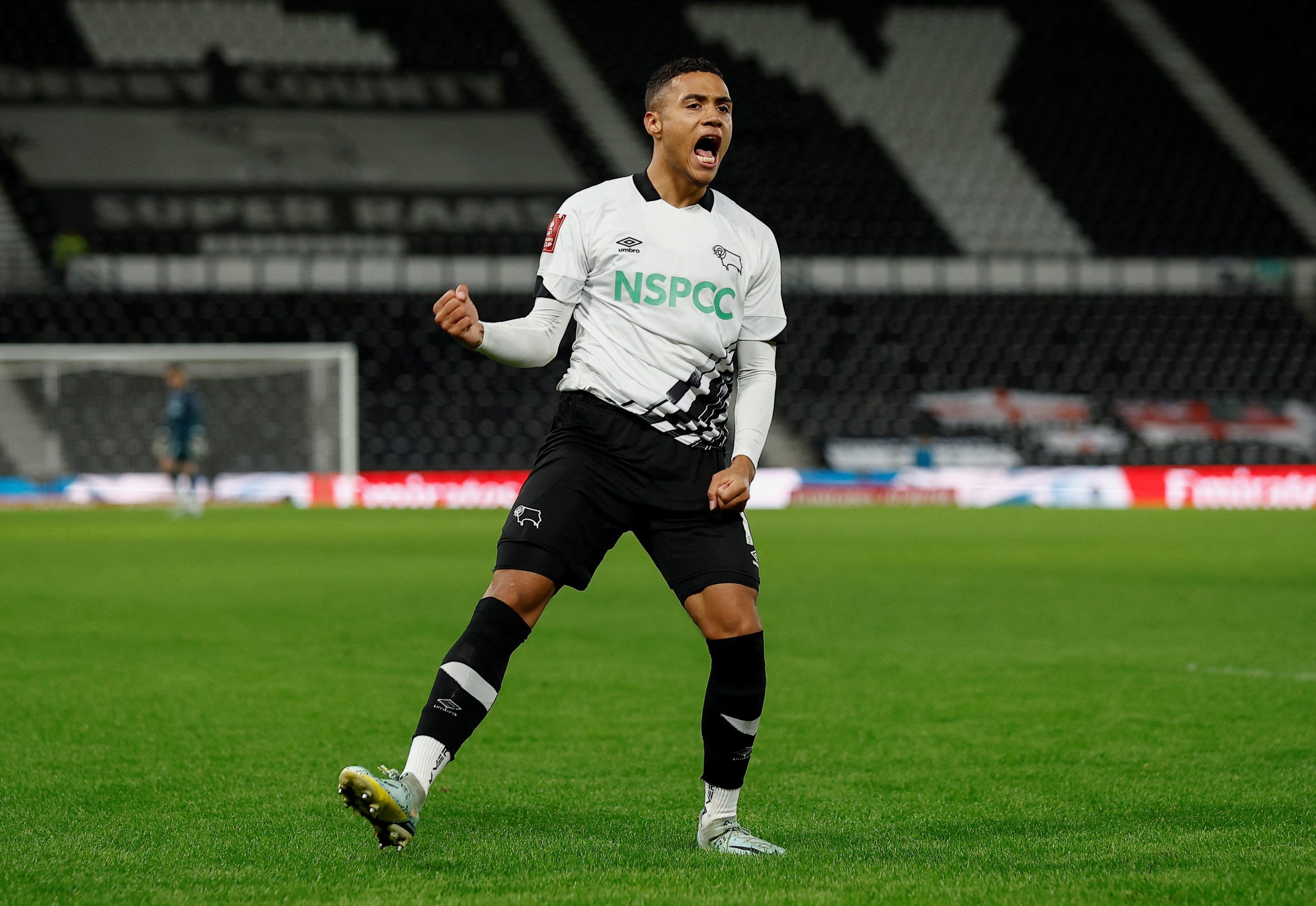 Soccer Football - FA Cup First Round Replay - Derby County v Torquay United - Pride Park, Derby, Britain - November 15, 2022 Derby County's Lewis Dobbin celebrates scoring their fourth goal  Action Images/Jason Cairnduff