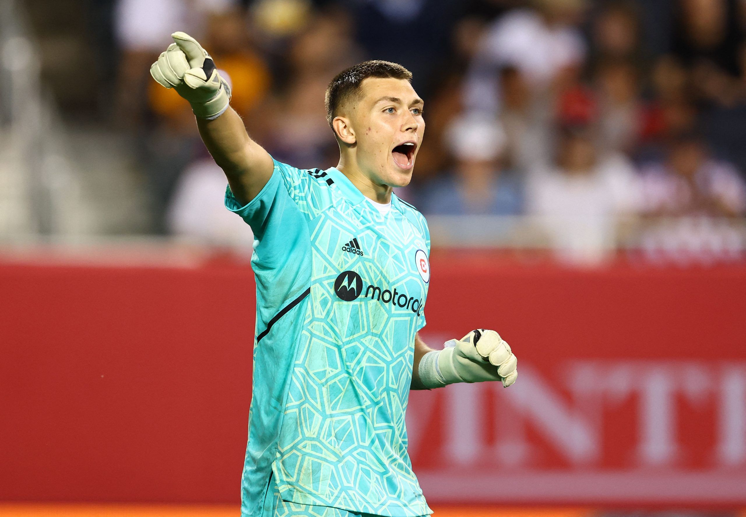 Aug 27, 2022; Chicago, Illinois, USA; Chicago Fire goalkeeper Gabriel Slonina (1) reacts during the second half against CF Montreal at Soldier Field. Mandatory Credit: Mike Dinovo-USA TODAY Sports