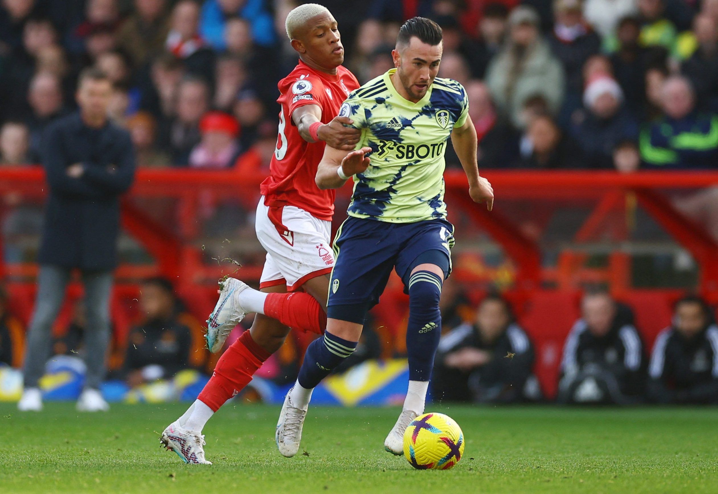 Soccer Football - Premier League - Nottingham Forest v Leeds United - The City Ground, Nottingham, Britain - February 5, 2023 Nottingham Forest's Danilo in action with Leeds United's Jack Harrison REUTERS/Carl Recine EDITORIAL USE ONLY. No use with unauthorized audio, video, data, fixture lists, club/league logos or 'live' services. Online in-match use limited to 75 images, no video emulation. No use in betting, games or single club /league/player publications.  Please contact your account repre