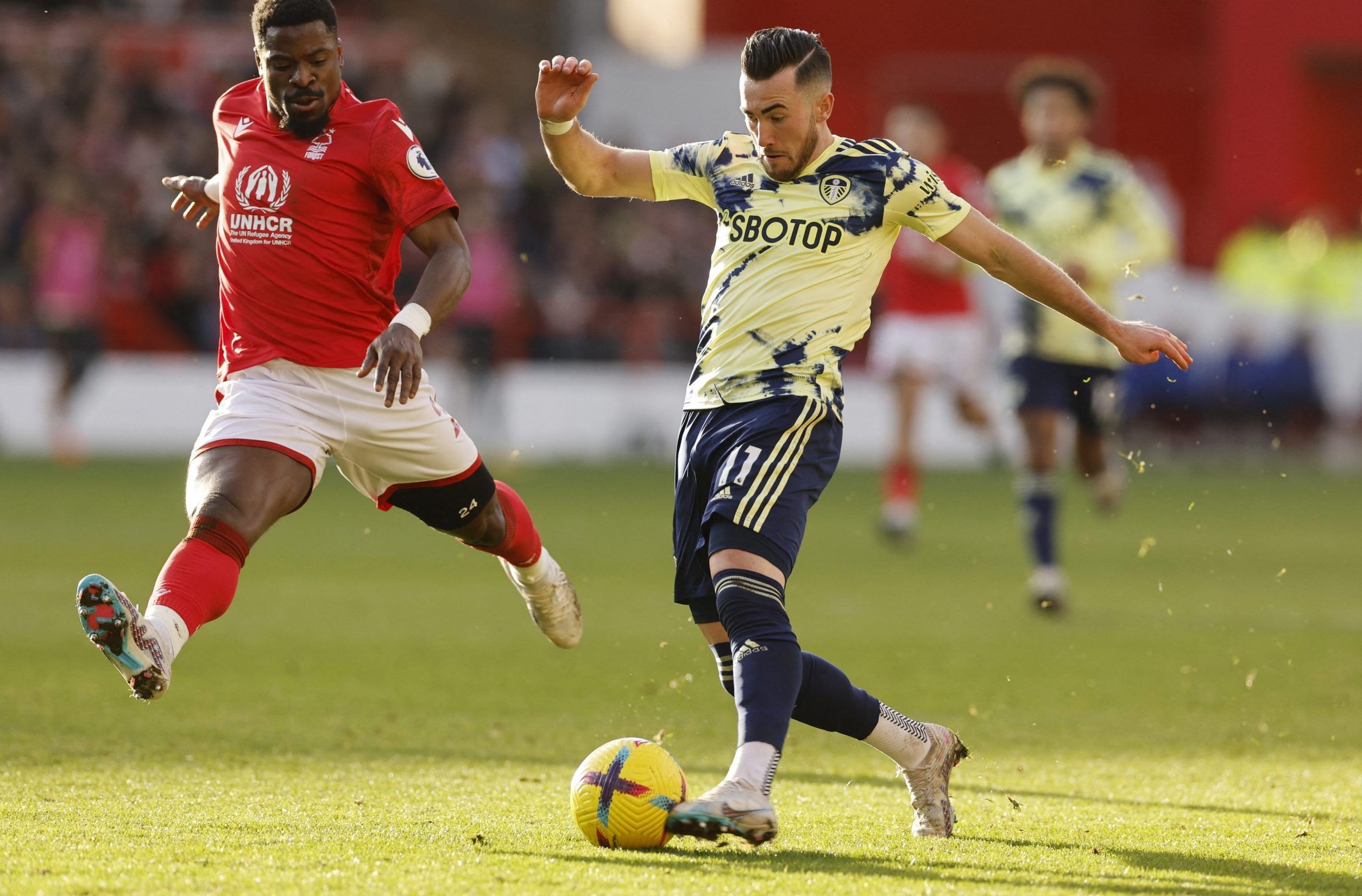 Nottingham Forest's Serge Aurier in action with Leeds United's Jack Harrison