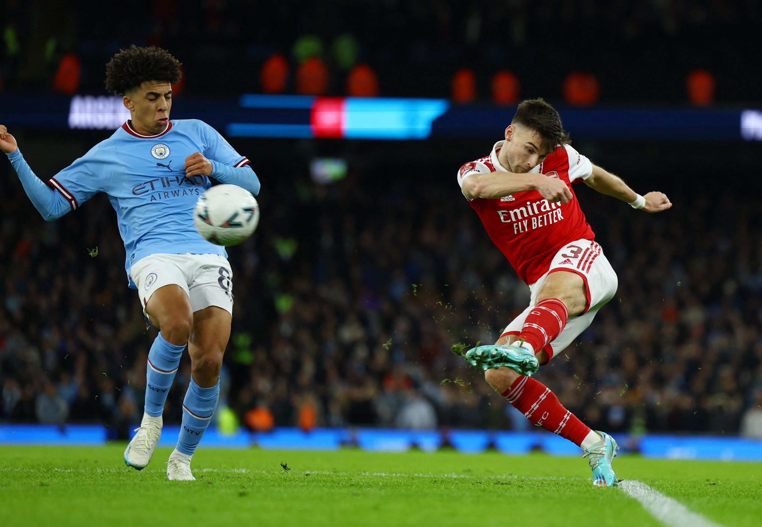 Soccer Football - FA Cup - Fourth Round - Manchester City v Arsenal - Etihad Stadium, Manchester, Britain - January 27, 2023 Arsenal's Kieran Tierney in action with Manchester City's Rico Lewis Action Images via Reuters/Molly Darlington
