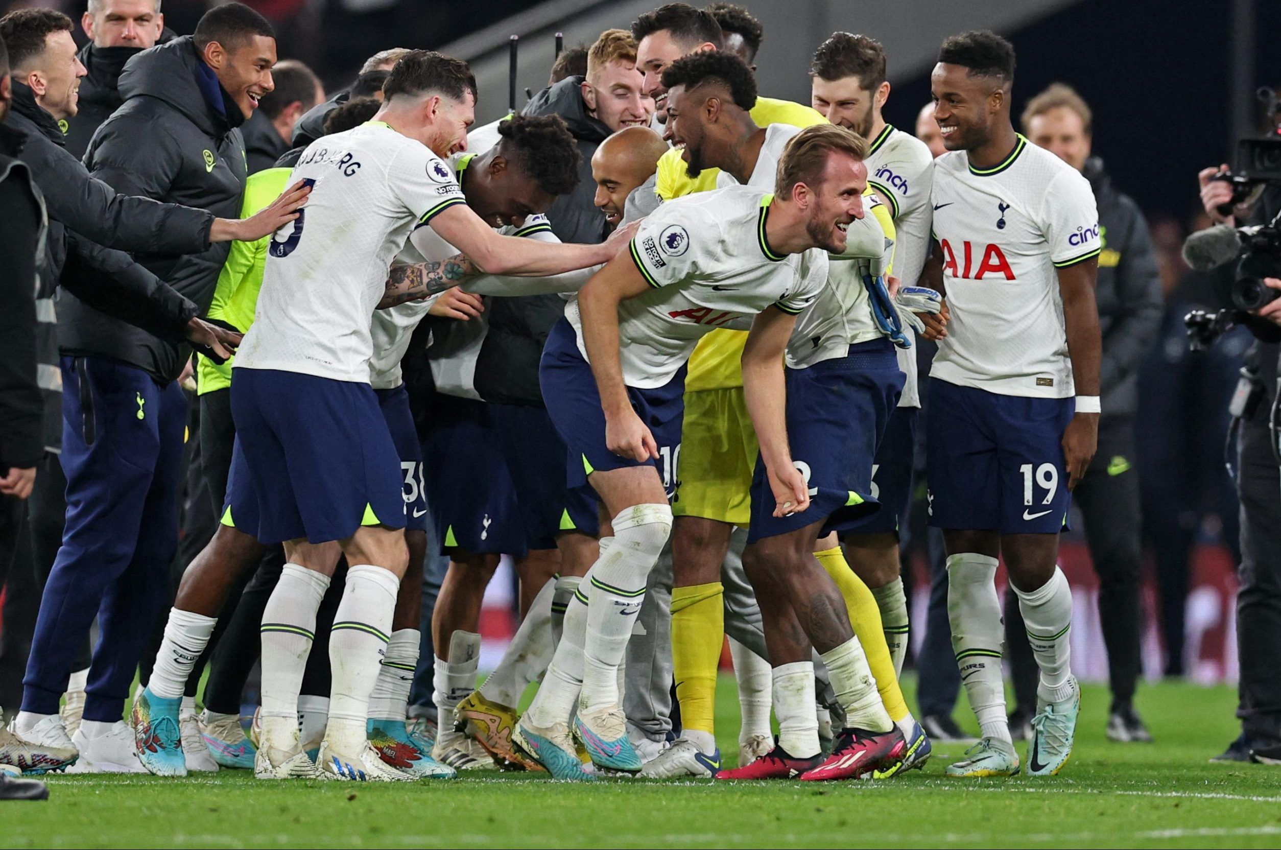 Tottenham Hotspur players celebrate with Harry Kane after the match after he became Tottenham Hotspur's all time top goalscorer