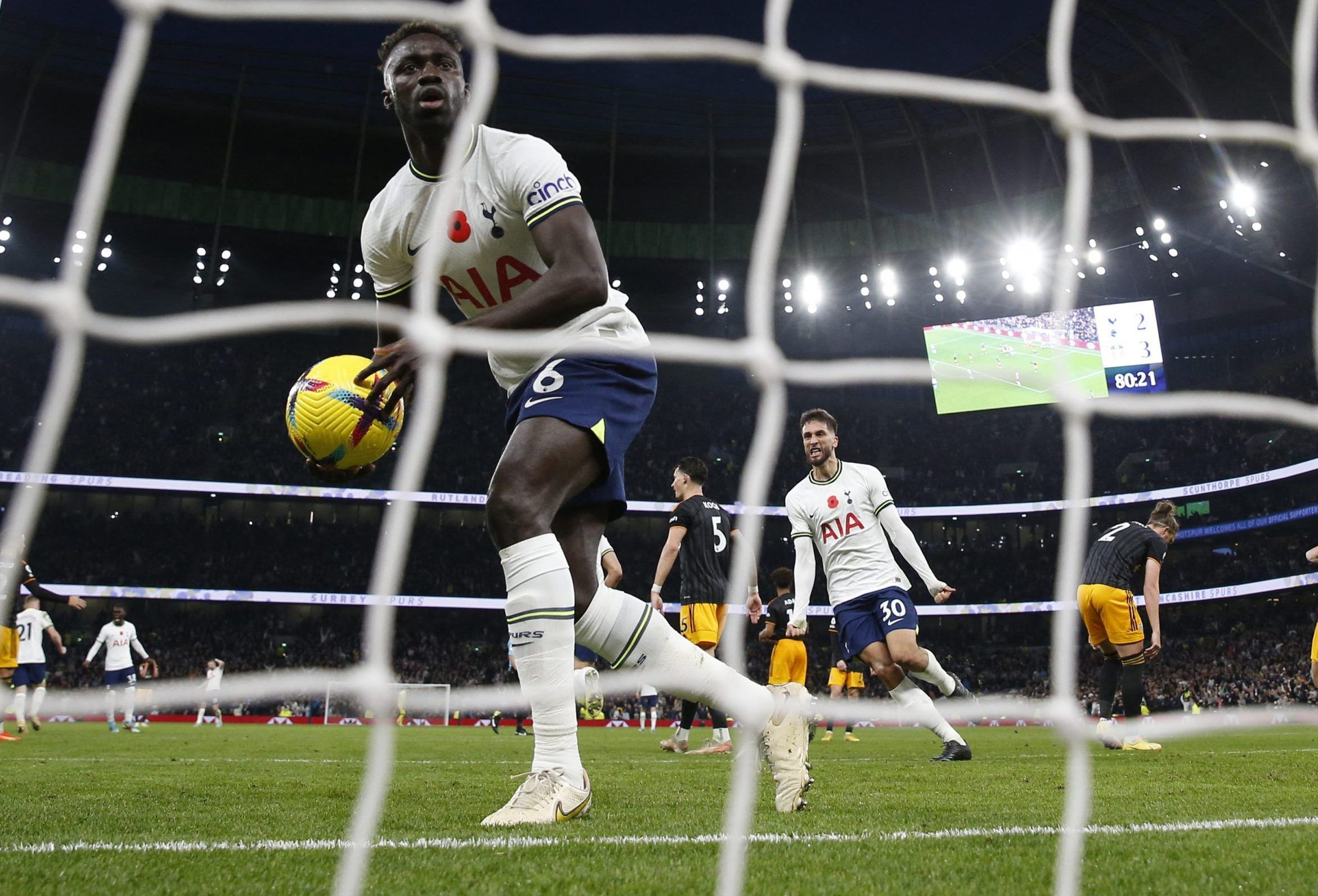 Soccer Football - Premier League - Tottenham Hotspur v Leeds United - Tottenham Hotspur Stadium, London, Britain - November 12, 2022  Tottenham Hotspur's Davinson Sanchez and Rodrigo Bentancur celebrate their third goal Action Images via Reuters/Paul Childs EDITORIAL USE ONLY. No use with unauthorized audio, video, data, fixture lists, club/league logos or 'live' services. Online in-match use limited to 75 images, no video emulation. No use in betting, games or single club /league/player publica