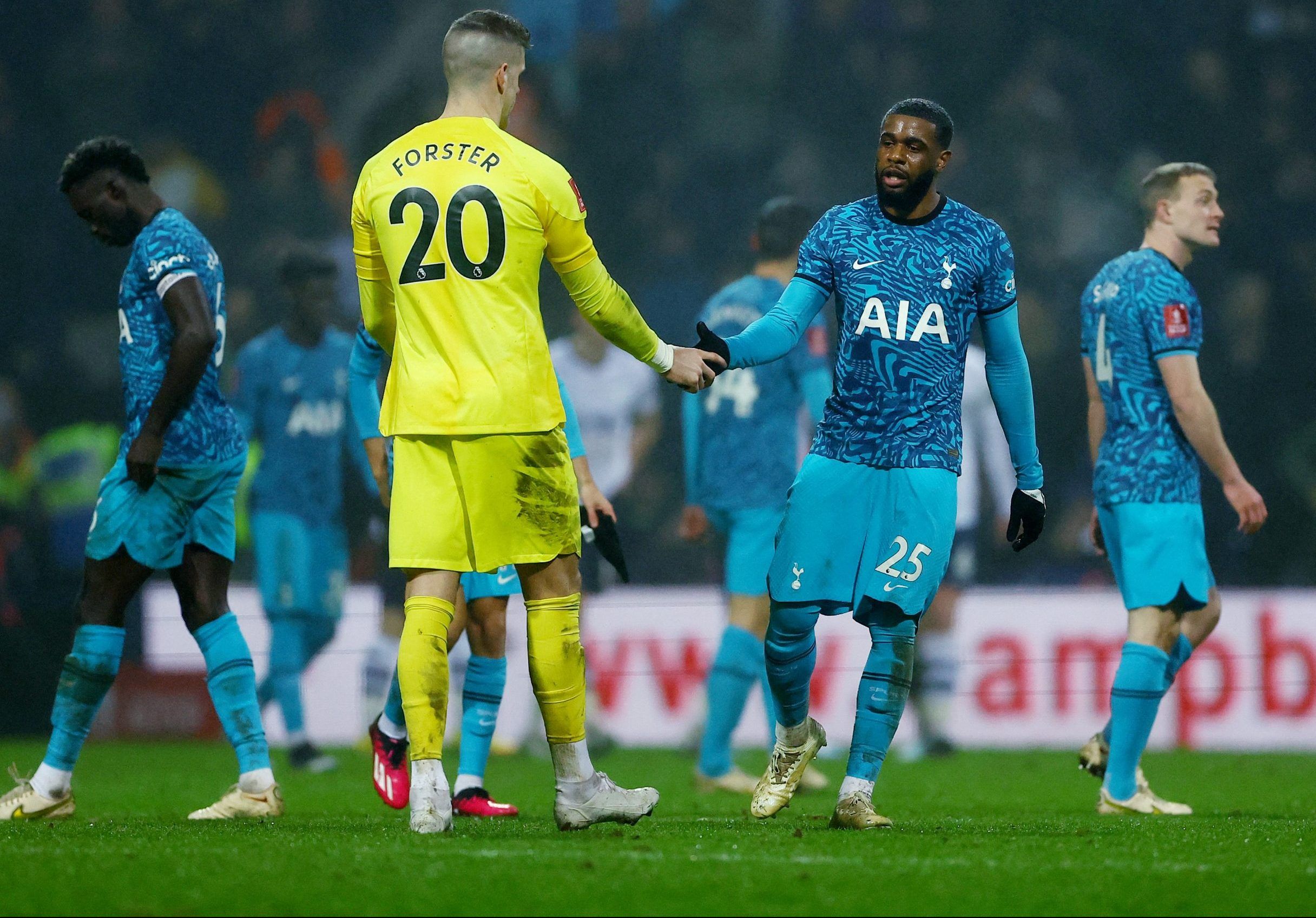 Tottenham Hotspur's Fraser Forster celebrates with Japhet Tanganga after the match
