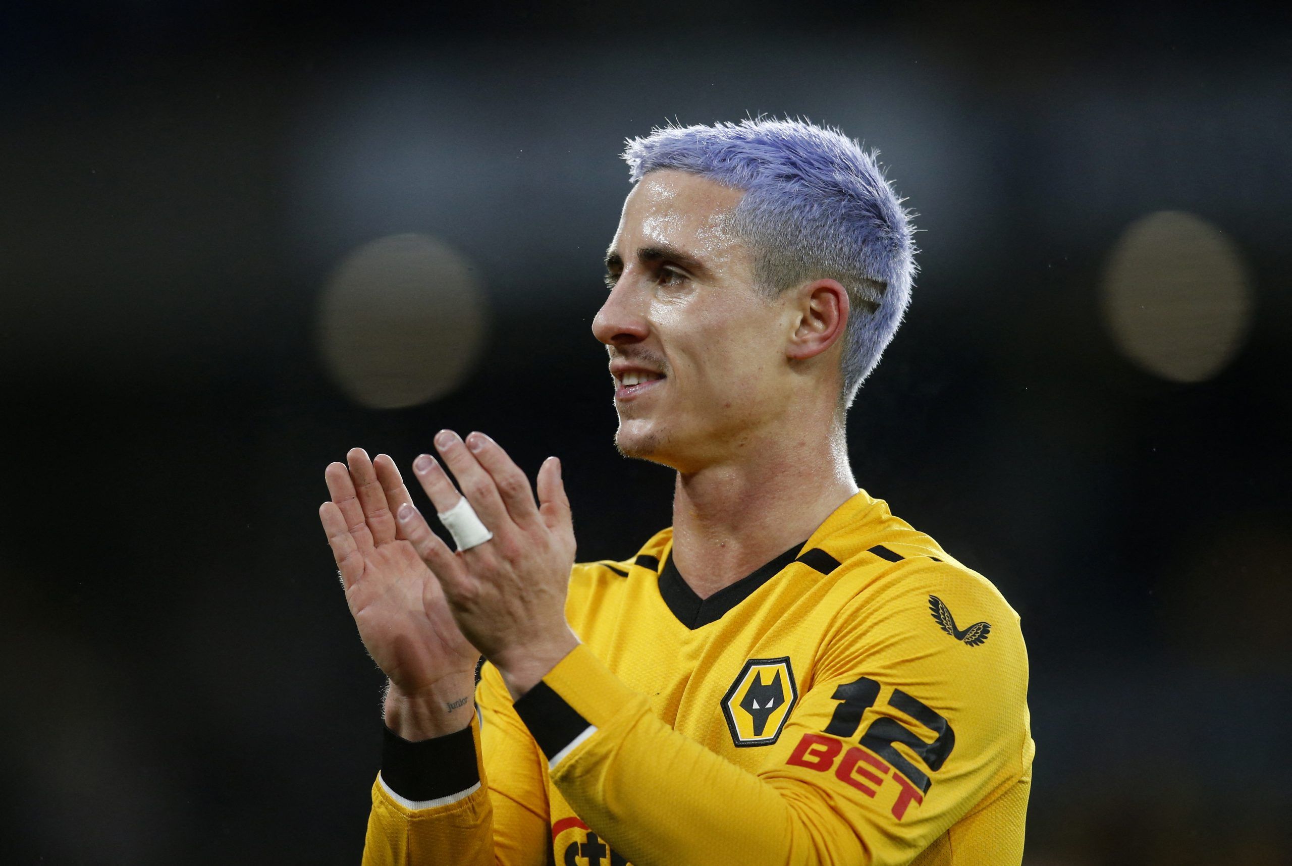 Soccer Football - Premier League - Wolverhampton Wanderers v Liverpool - Molineux Stadium, Wolverhampton, Britain - February 4, 2023 Wolverhampton Wanderers' Daniel Podence celebrates after the match Action Images via Reuters/Ed Sykes EDITORIAL USE ONLY. No use with unauthorized audio, video, data, fixture lists, club/league logos or 'live' services. Online in-match use limited to 75 images, no video emulation. No use in betting, games or single club /league/player publications.  Please contact 